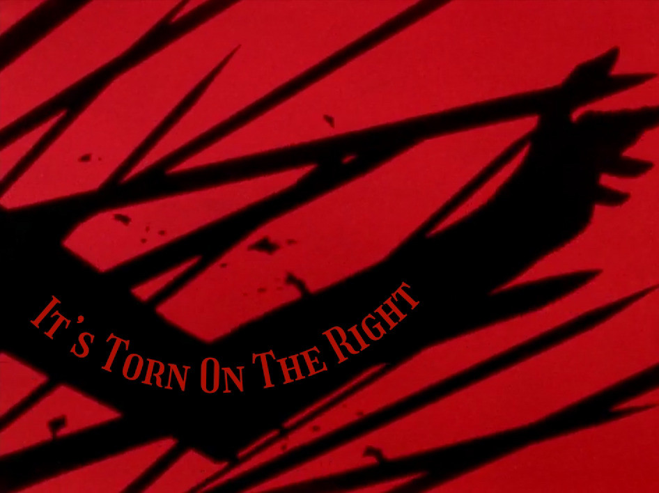 A silhouette of Anthy’s right arm being torn apart by swords, text runs along her arm reading “It’s torn on the right” 