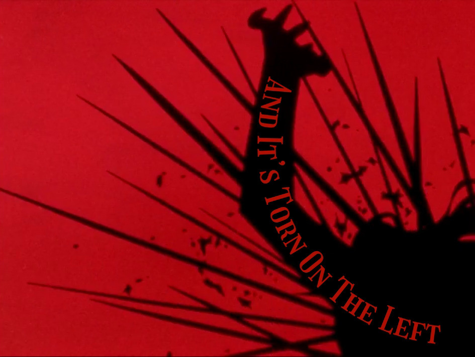 A silhouette of Anthy’s left arm being torn apart by swords, text runs along her arm reading “And it’s torn on the left” 