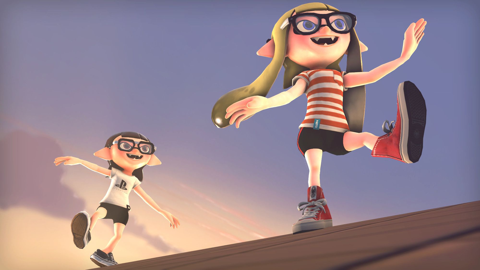 Two Inkling Girls walking across the sunset