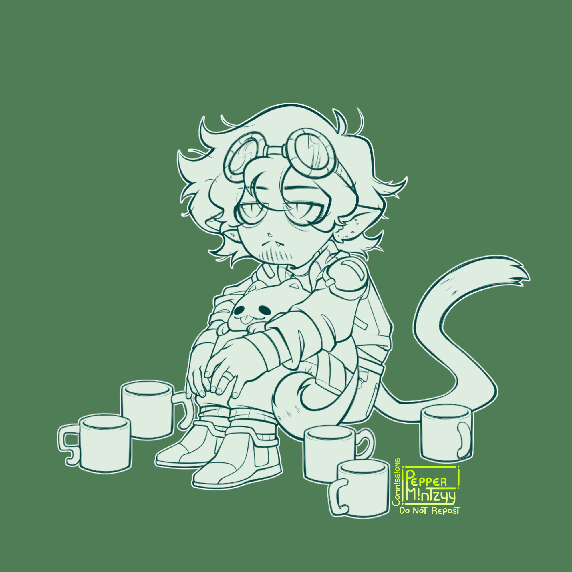 Commission for a friend. Digital illustration of Cellbit tired and sitting comfortably on the floor with a cat on his lap, surrounded by various empty coffee mugs . He likes it, a little too much actually- someone help this cat man please.