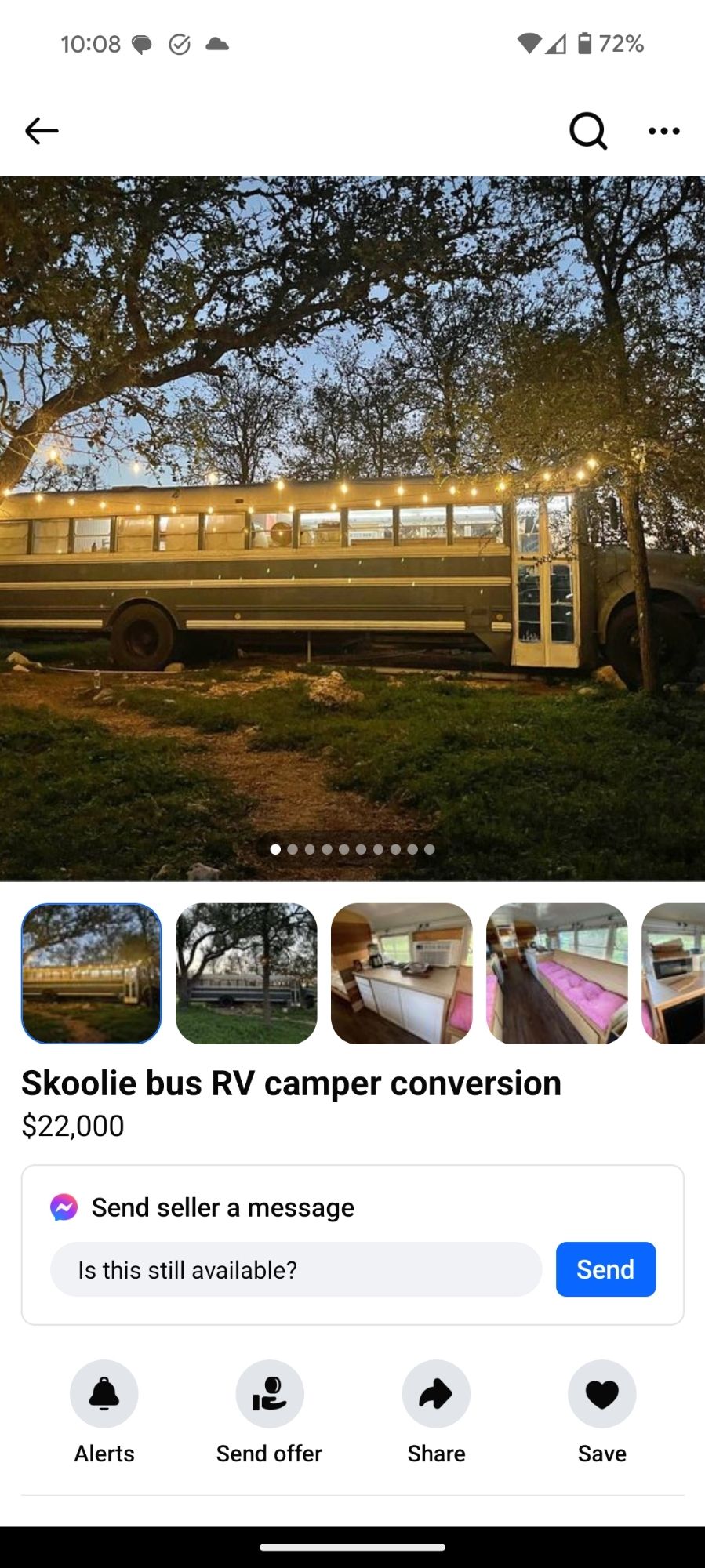 Skoolie bus RV camper conversion
$22,000

a remodeled school bus in the woods with some very nice outdoor lights strung around