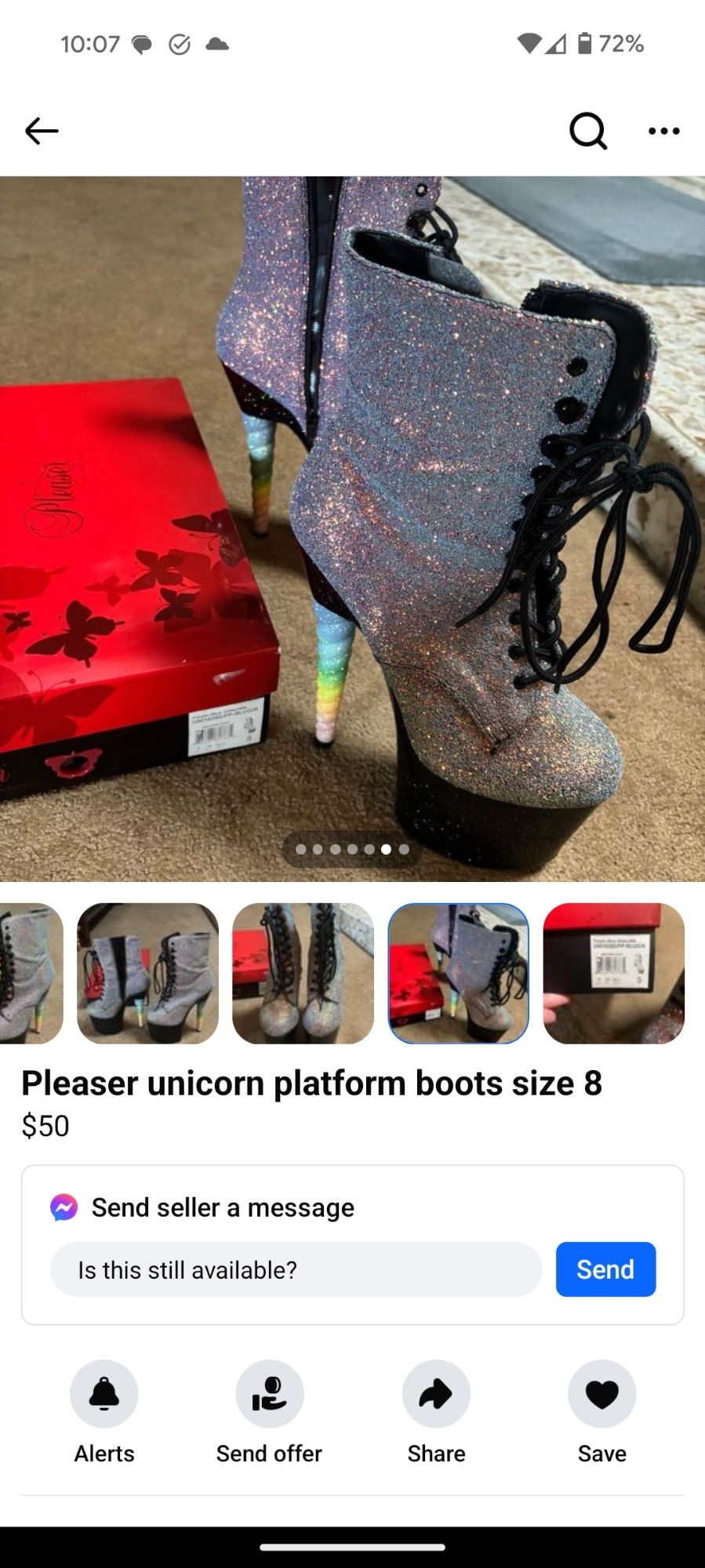 Pleaser unicorn platform boots size 8
$50

silver rainbow glitter platform boots with rainbow unicorn horns for heels