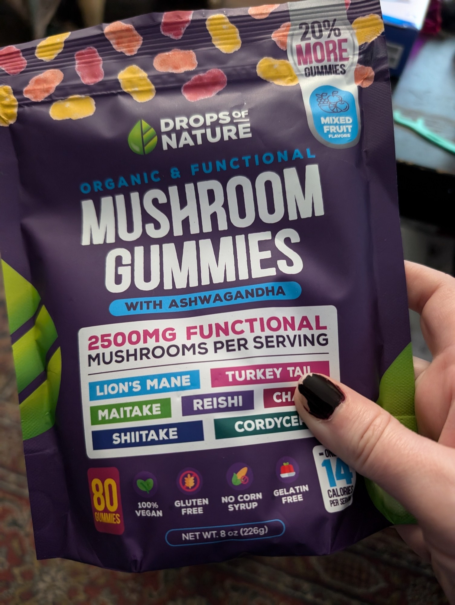 Drops of Nature "Organic & Functional" Mushroom Gummies with ashwagandha
2500MG functional mushrooms per serving
lion's mane, turkey tail, maitake, reishi, chaga, shiitake, cordyceps
80 gummies
100% vegan, gluten free, no corn syrup, gelatin free