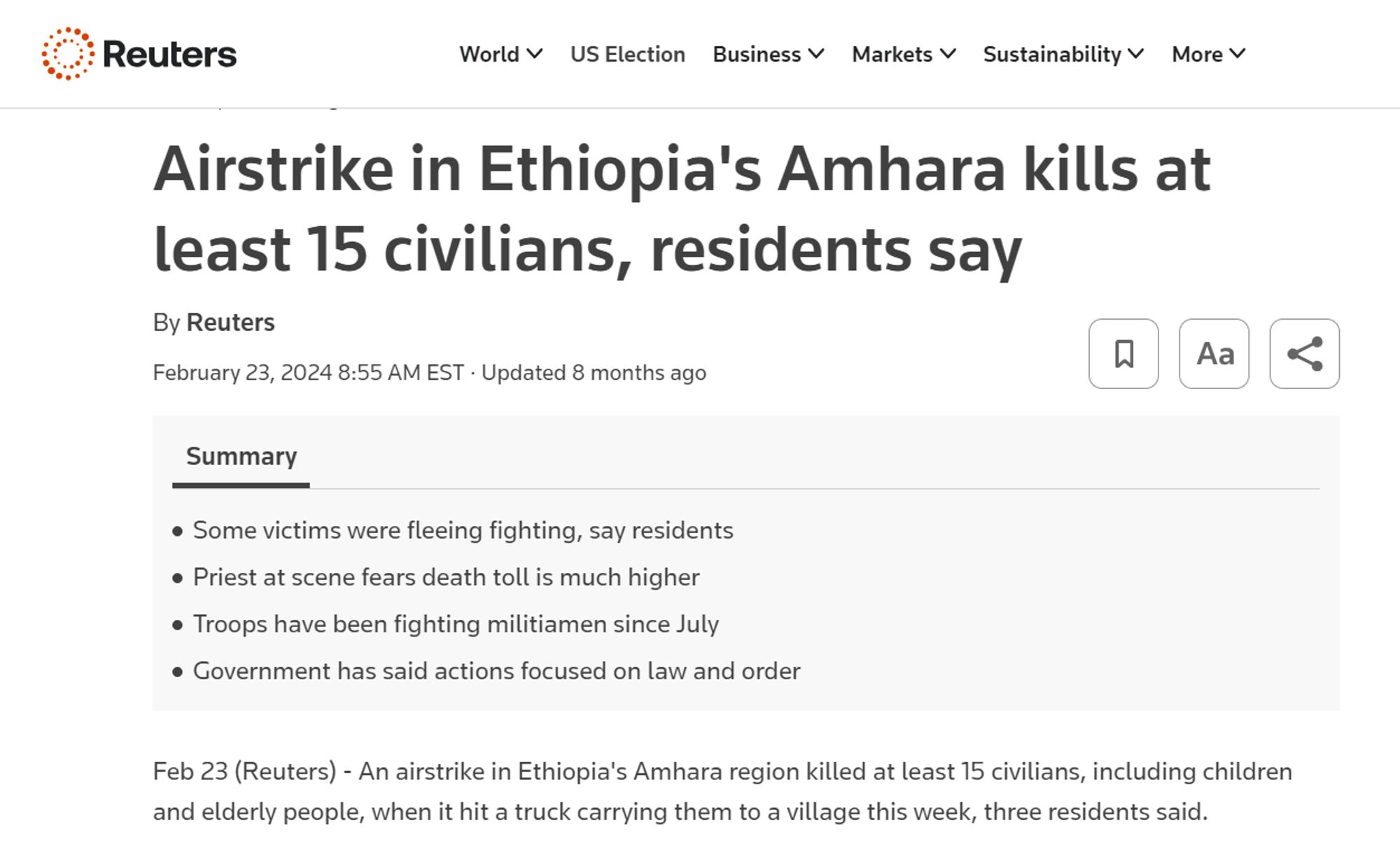 Screenshot of a Reuters report on the drone strike in Ethiopia's Amhara region from February 23 2024.