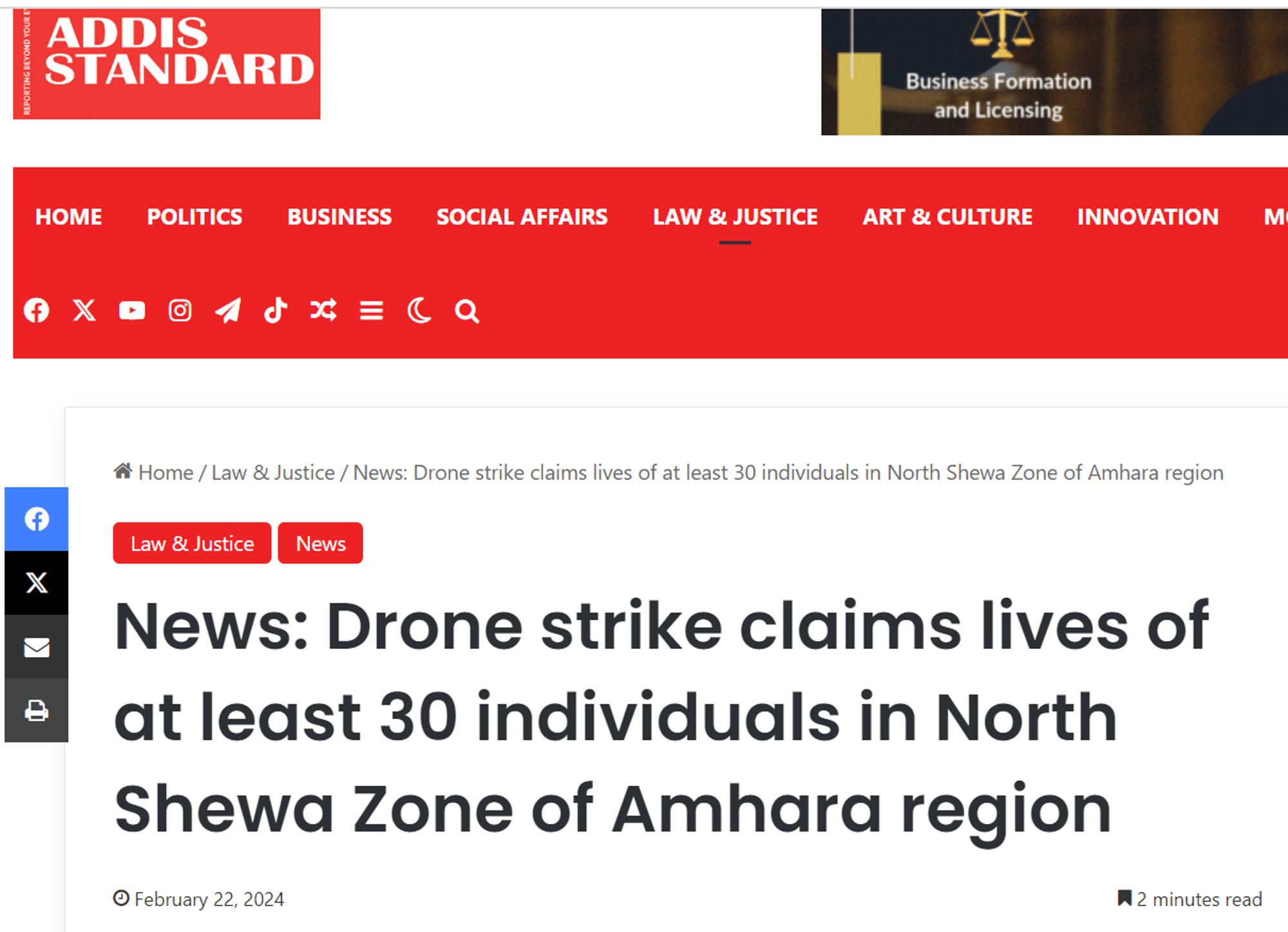 Screenshot of Ethiopian news magazine Addis Standard's coverage of a drone strike massacre dated February 22nd 2024