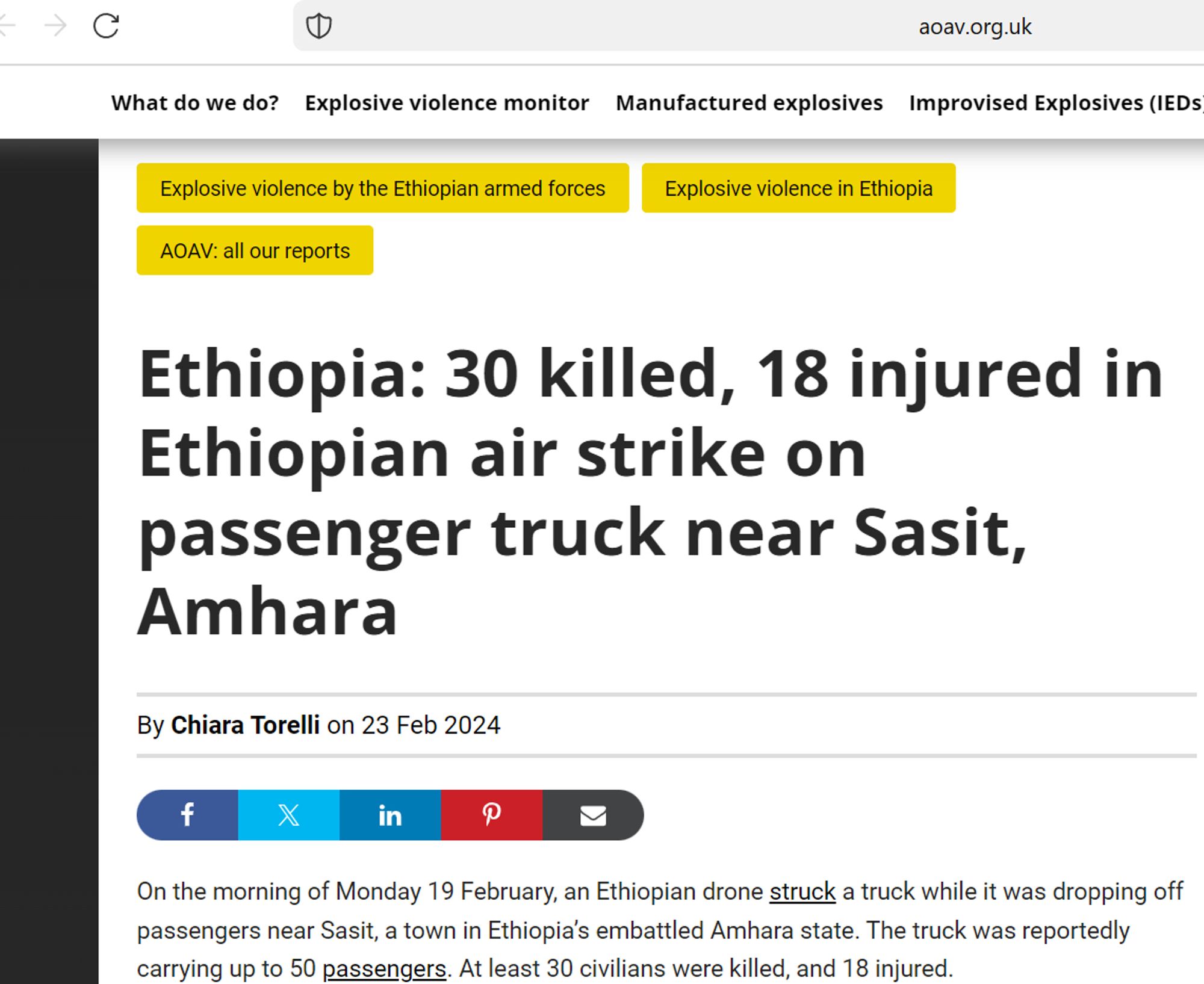 Screenshot of an article posted by the Action on Armed Violence organization, on a drone massacre in Ethiopia's Amhara region, dated February 23rd 2024