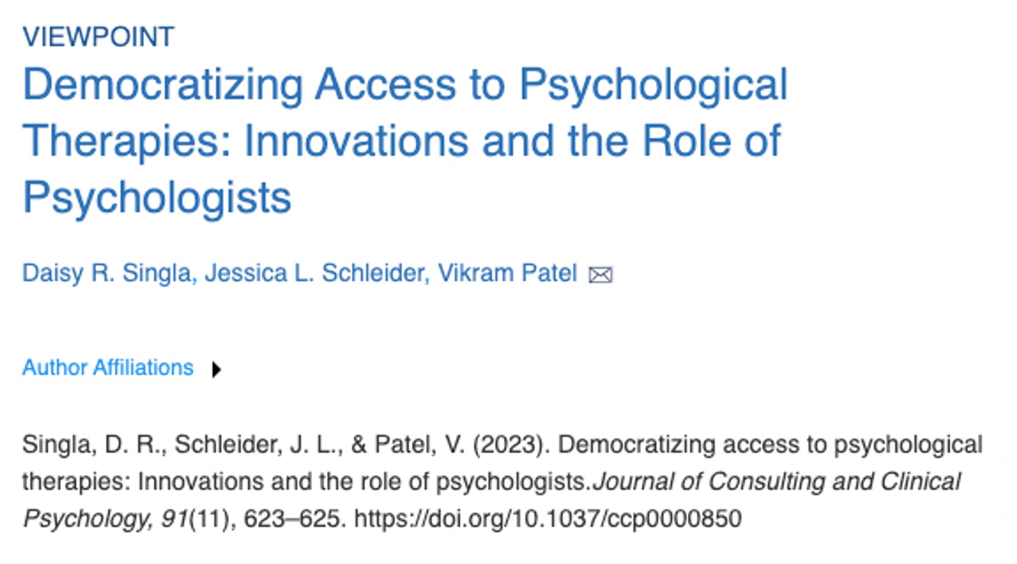 Picture of title of journal article by Singla, Schleider & Patel, called "Democratizing Access to Psychological Therapies: Innovations and the Role of Psychologists"