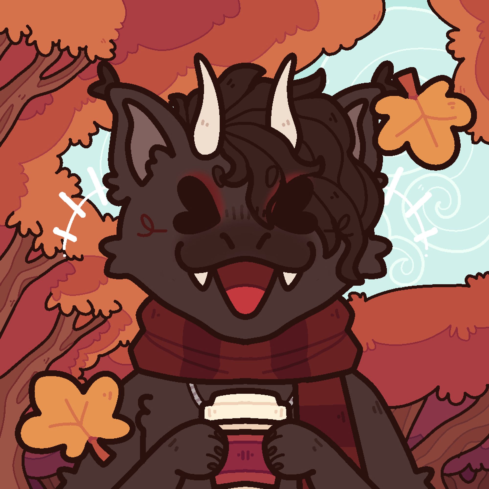 Gray dragon wearing a deep red scarf holding a disposable coffee cup. There are fall leaves blowing around him and fall foliage in the background