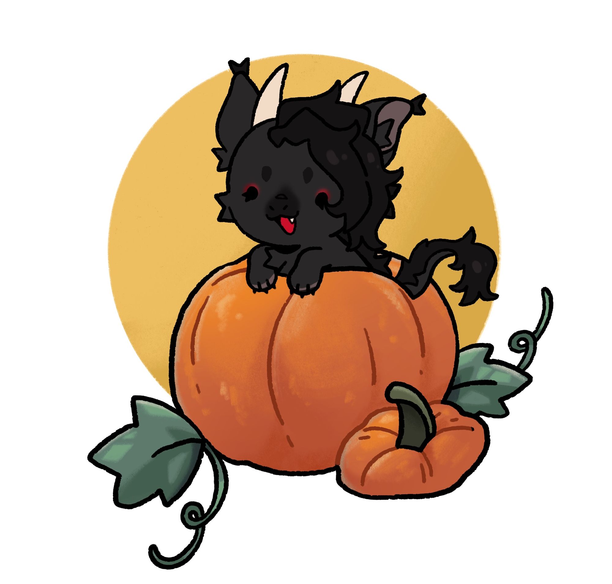 Chibi-styled Howl sitting inside of a pumpkin. His paws are hanging over the edge.