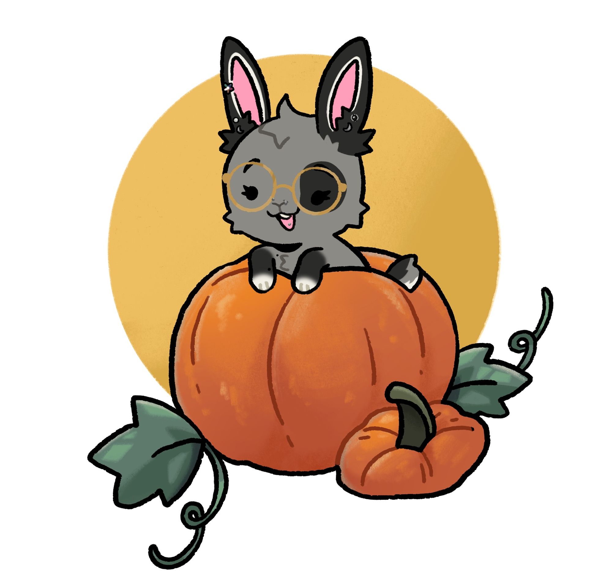 Chibi-styled Chrys sitting inside a pumpkin. Her paws are hanging over the edge.