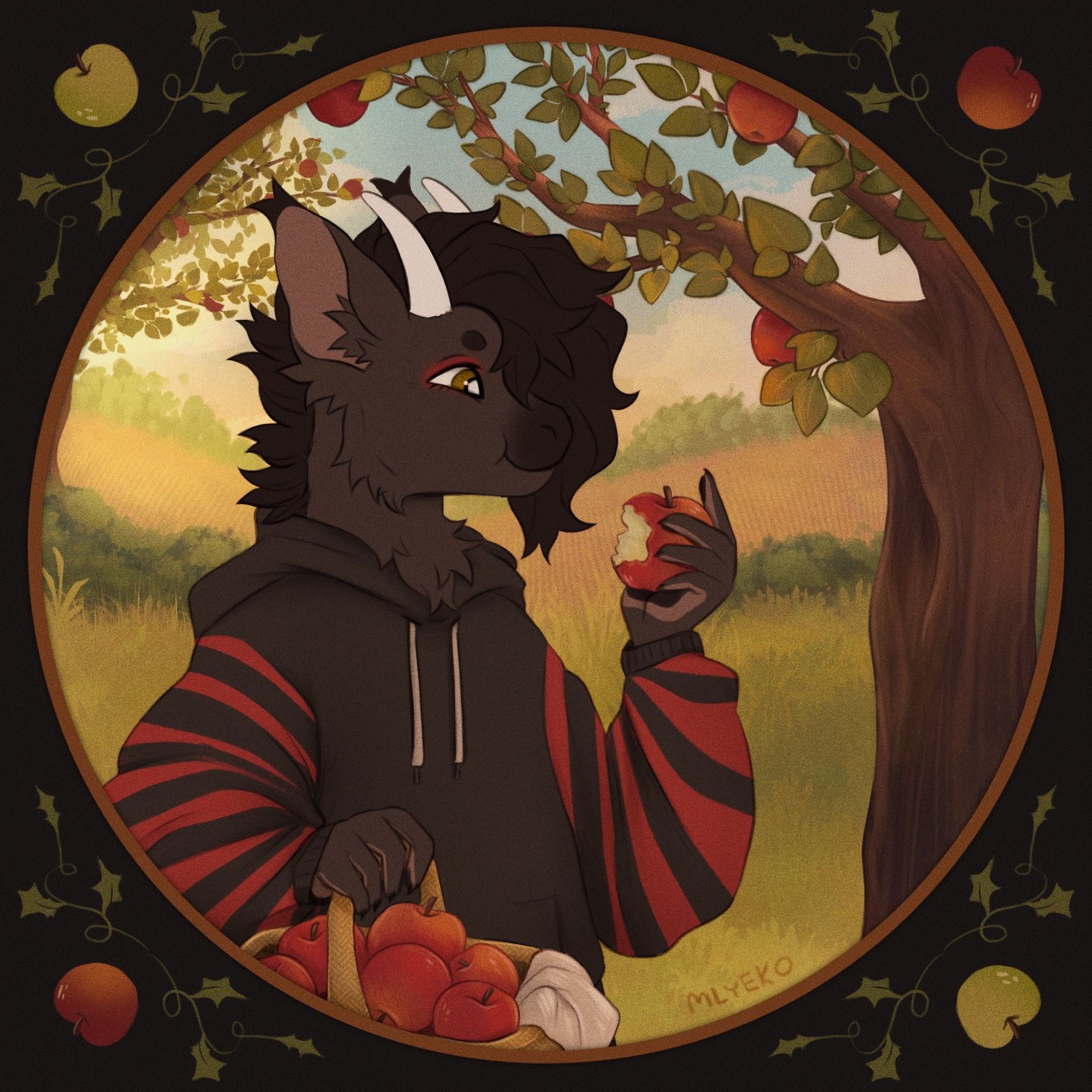 A gray dragon wearing a hoodie with a black body and red and black striped sleeves. He is holding a basket of apples and eating one.