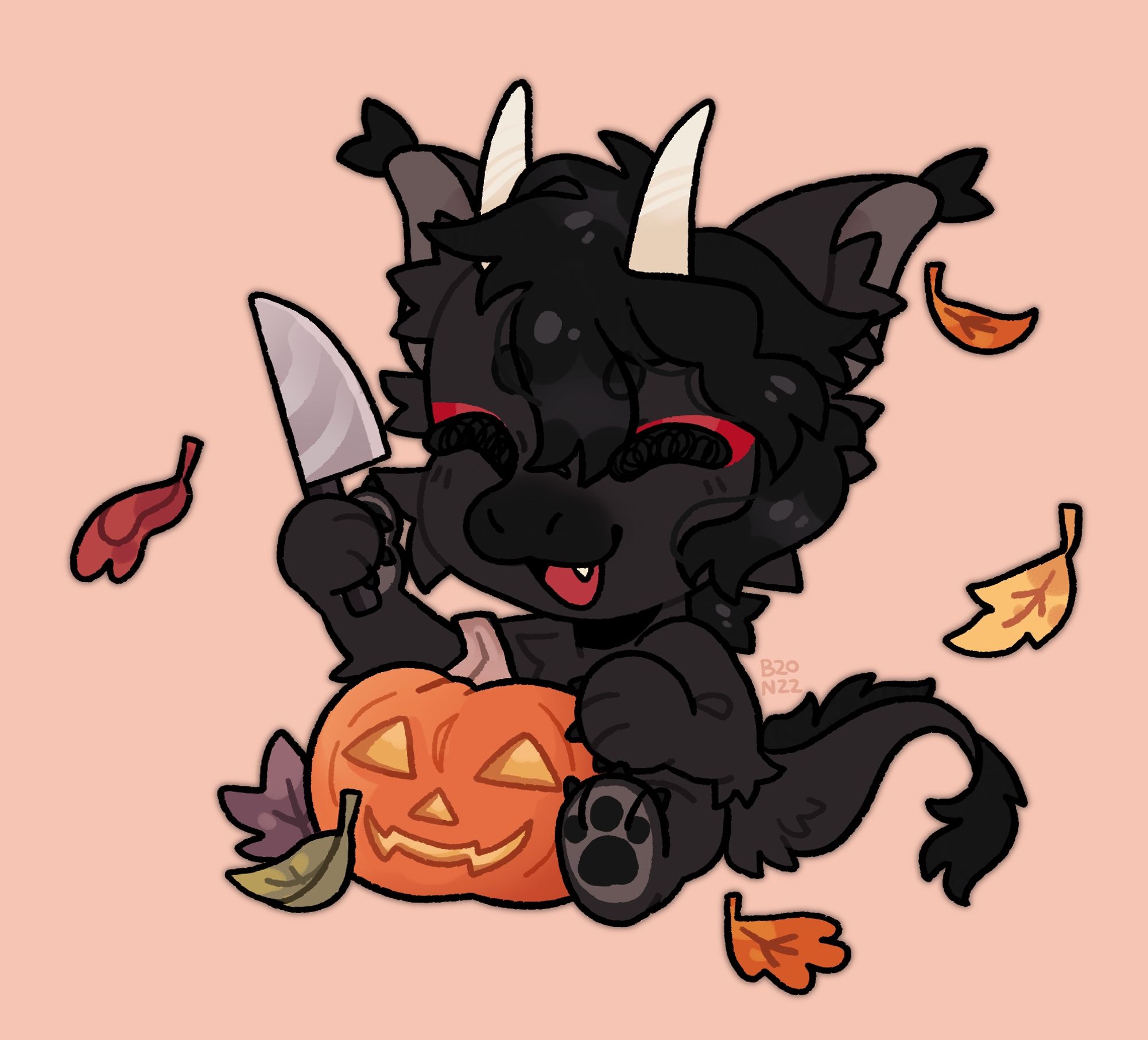 A gray dragon holding a knife with a jack-o-lantern seated between his legs. There are fall leaves scattered around