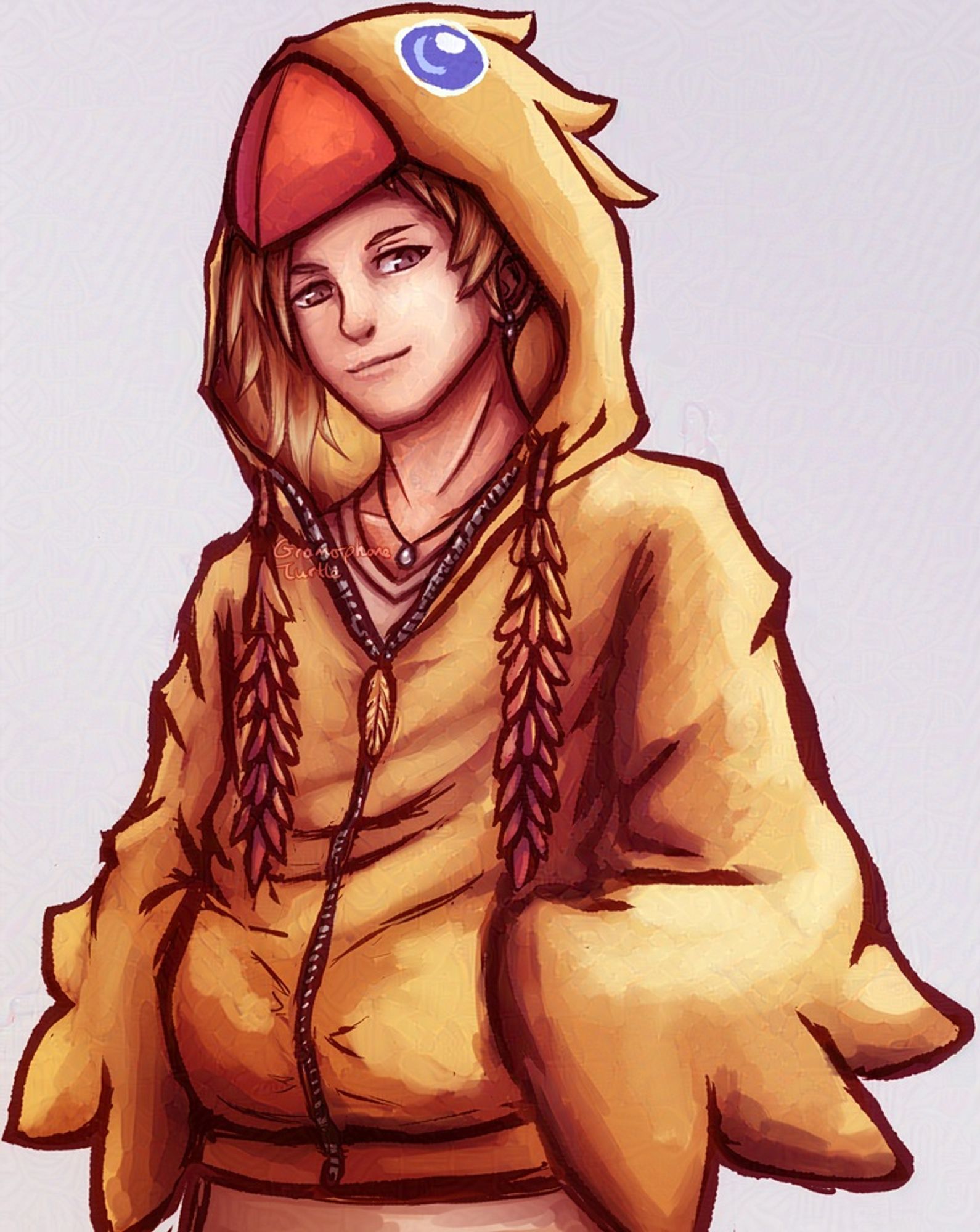 Art of Hazuki Mikagi in a chocobo hoodie which has opened blue eyes on the hoodie. Styled after the XIII chocobo design.