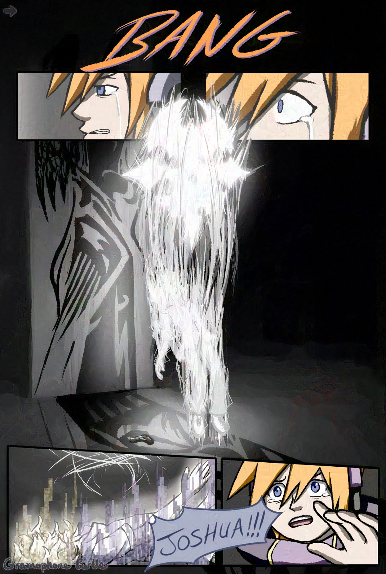 Comic of Neku shooting Joshua from The World Ends With You. Neku opens his eyes wide after his gunshot hits Joshua, triggering the Reapers Game symbol to rise from his body in a bright, glowing white symbol. Joshua's glowing, glitching body falls to the floor and Neku reaches out, crying, and calling Joshua's name.