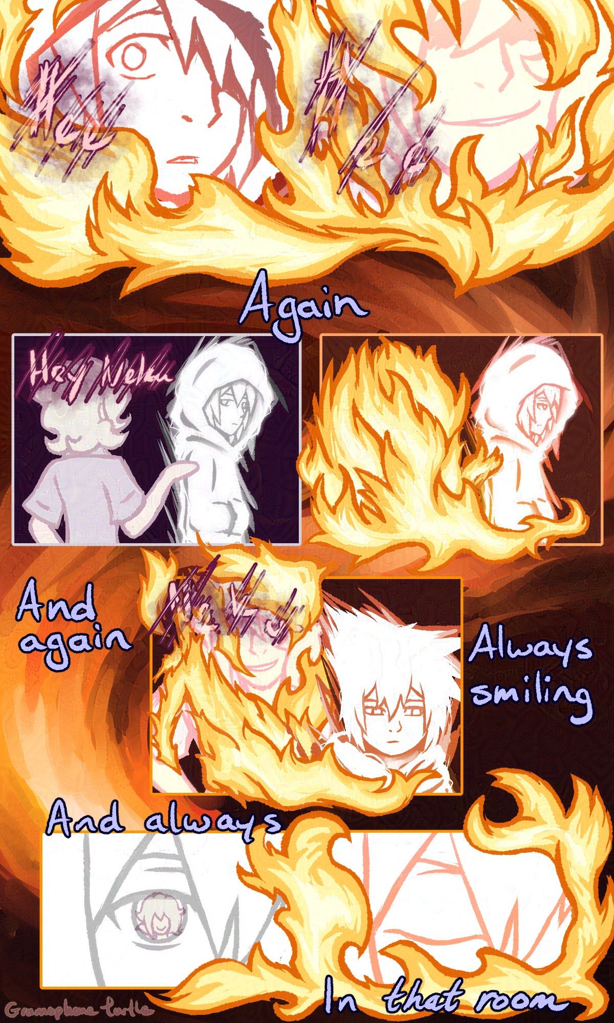 Comic page 3 of 4, of Neku Sakuraba as a Composer, showing times he erased Joshua with flames.