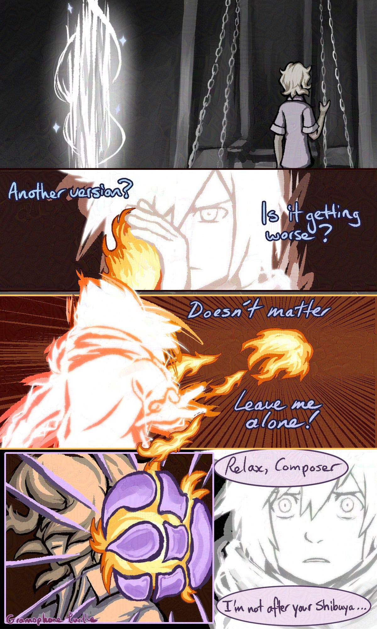 Comic page 4 of 4, of Neku Sakuraba as a Composer, showing a fireball at a non-glitchy version of Joshua, which catches Neku's fireball instead of being hit by it.