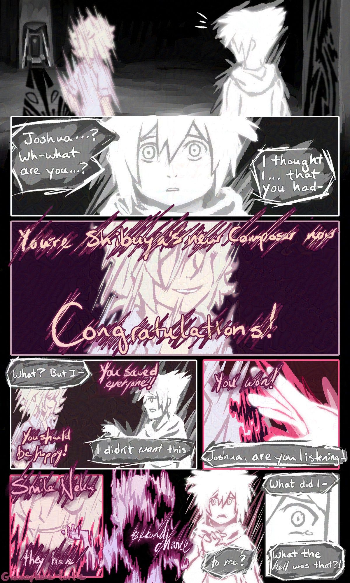 Comic page 1 of 4, of Neku Sakuraba as a Composer, talking to a glitching Joshua who vanishes when Neku touches him.