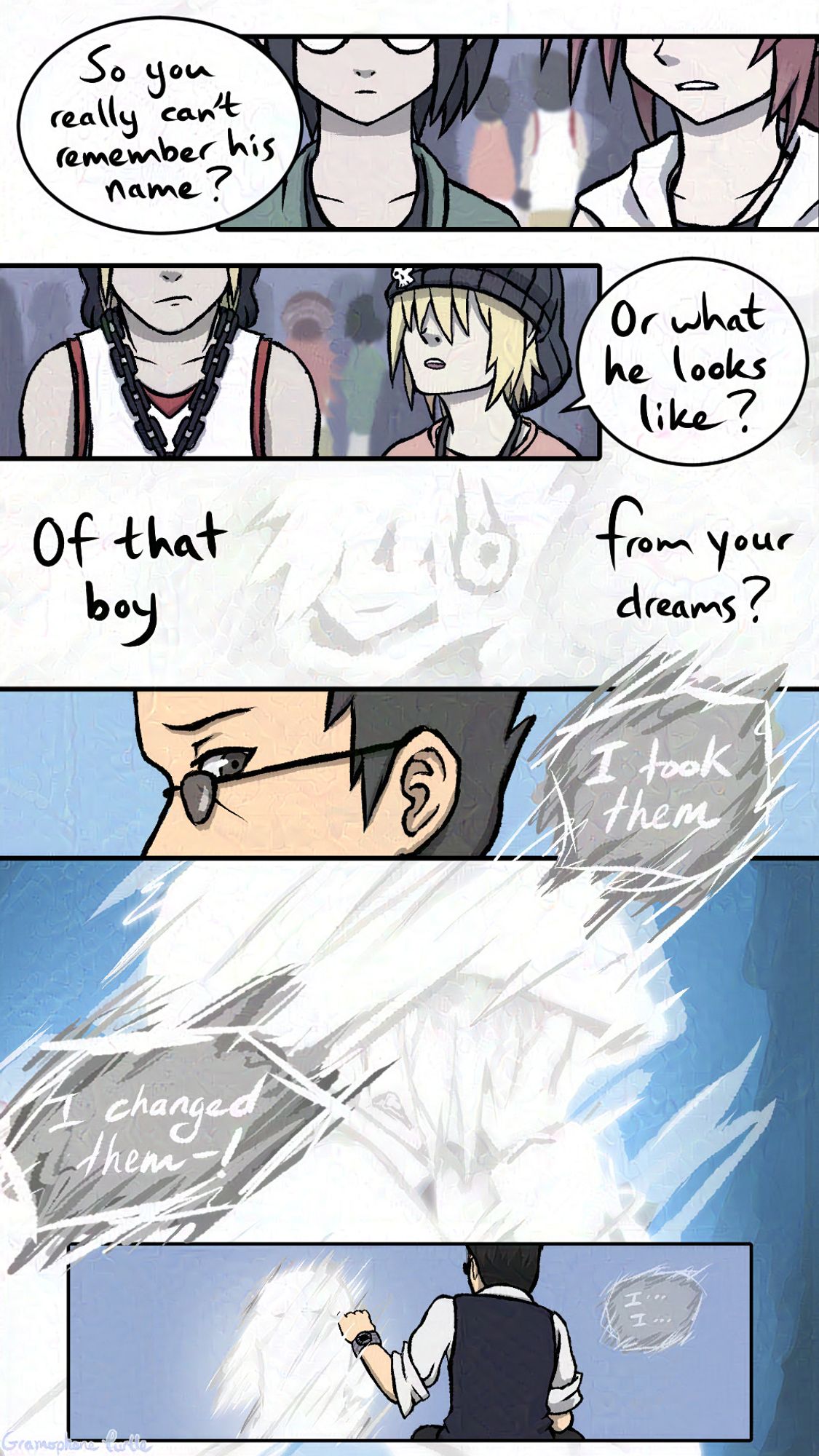 Page 2 of a comic. Eri and Rhyme ask Shiki and Beat separately about a they can't remeber from their dreams. Hanekom looks to Neku as he talks about what he did - taking their memories and changing them. Hanekoma places a hand on Neku's shoulder.