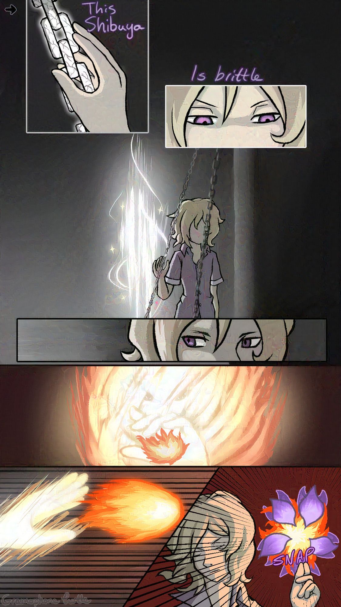 Joshua from The World Ends With You examines the Room of Reckoning and a glowing fiery figure appears from behind him, throwing a fireball at him. Joshua catches it with a purple claw/flower like summon.