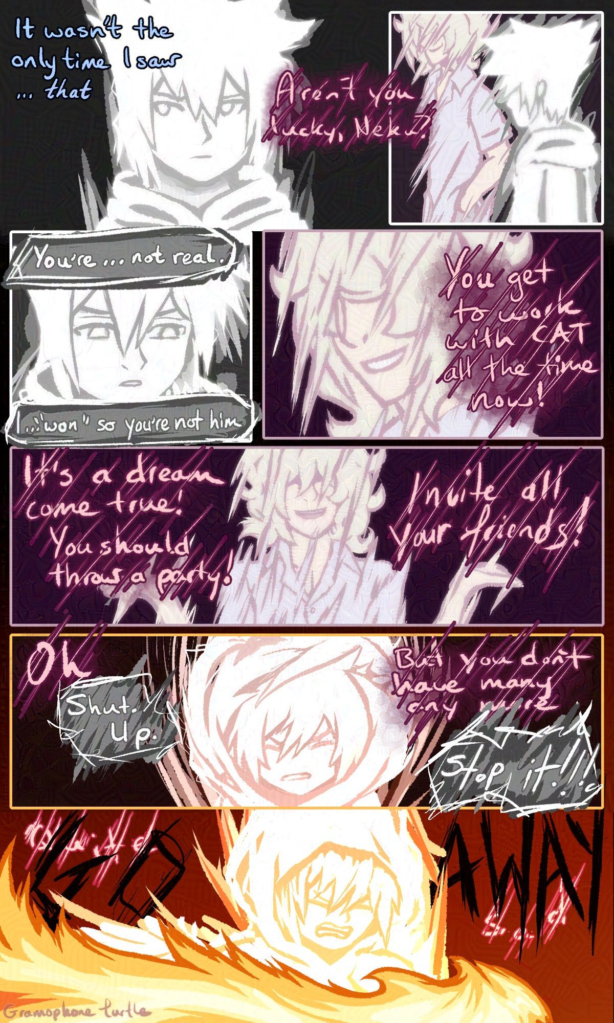 Comic page 2 of 4, of Neku Sakuraba as a Composer, talking to an older Joshua jokes that Neku should invite all his friends to a party. Neku shoots flames at Joshua.