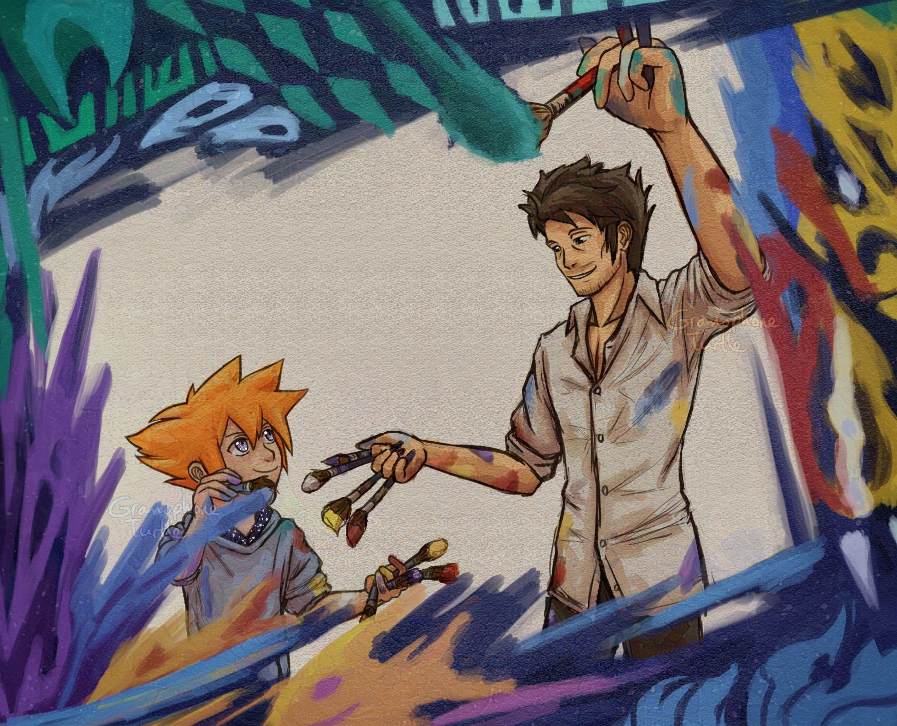 Digital art of a younger looking Neku Sakuraba paints a line with a paintbrush in front of him while looking up at Sanae Hanekoma. Both are holding many paint brushes and have paint all over them. They are surrounded by a painted border.