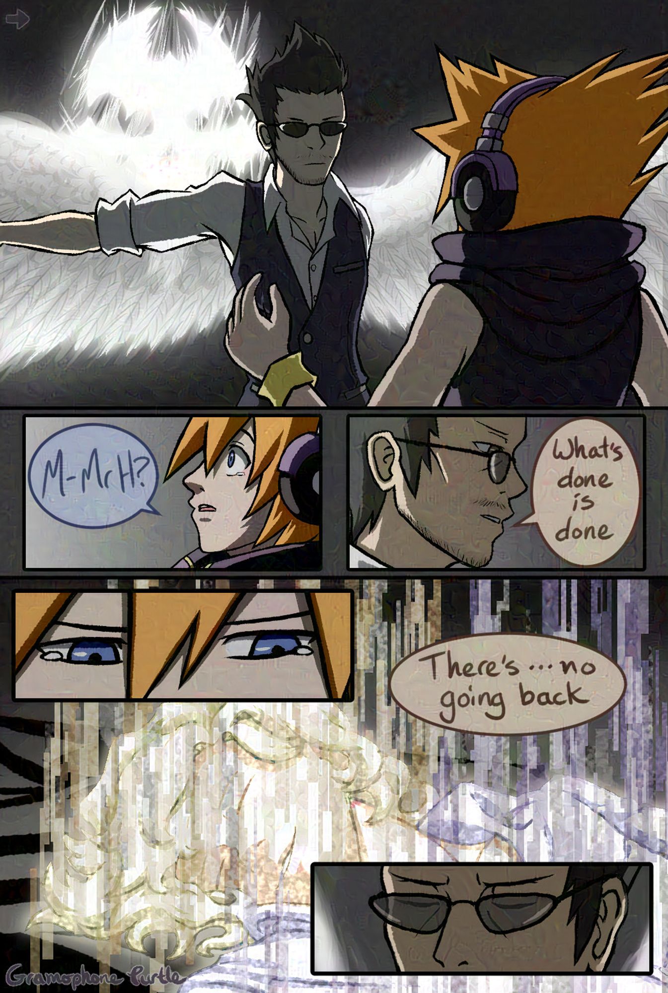 A comic of Neku trying to get close to Joshua's fading and glitching body - looking older and faintly smiling. Hanekoma, with white wings spread wide, stops Neku and tells him, "What's done is done. There's no turning back."