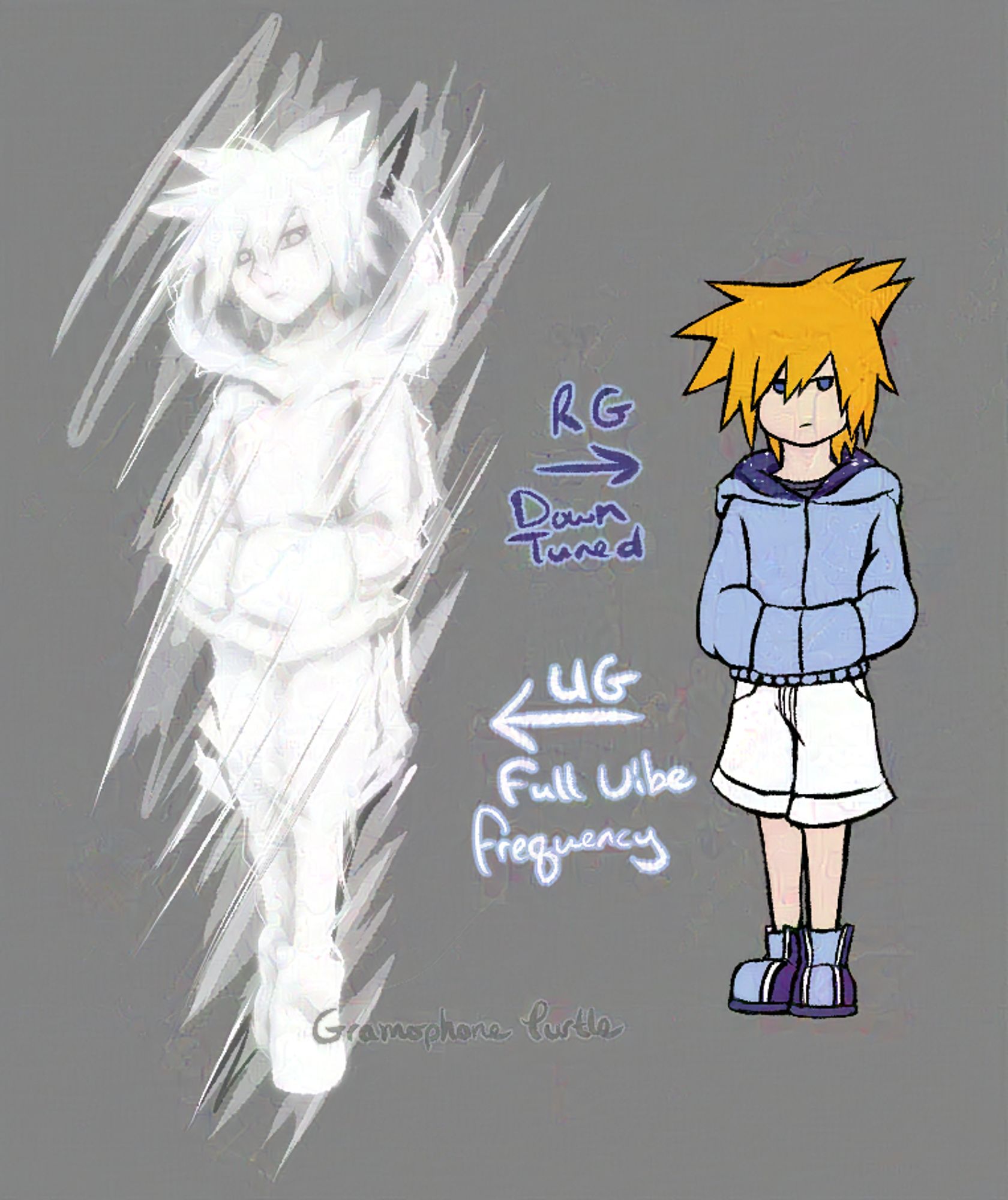 Art of Neku from The World Ends With You, showing him in his glowing, white Composer form at "UG Full Vibe Frequency", and his new RG form, "Down Tuned", where Neku looks like a young child.