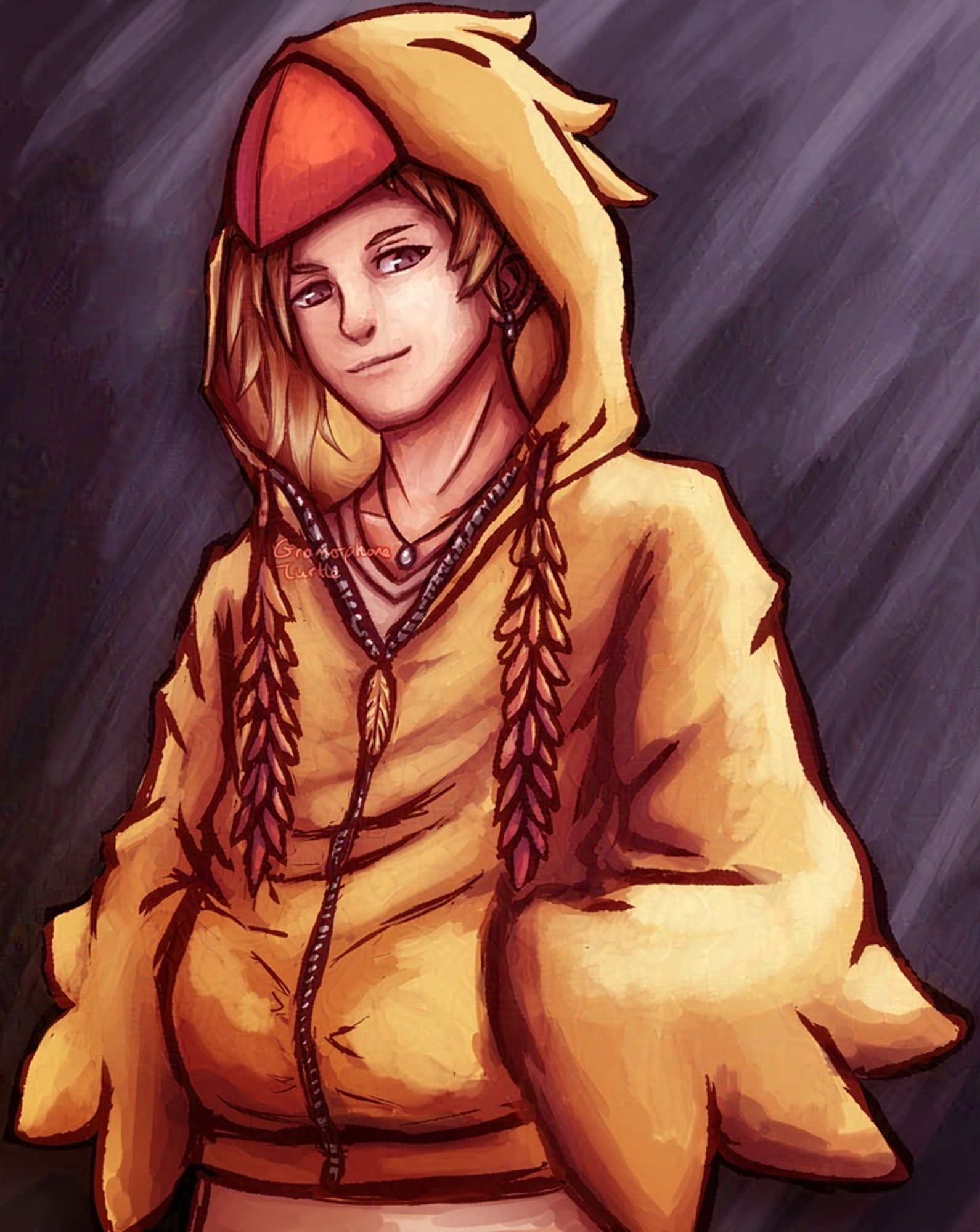 Art of Hazuki Mikagi in a chocobo hoodie with a purple background.