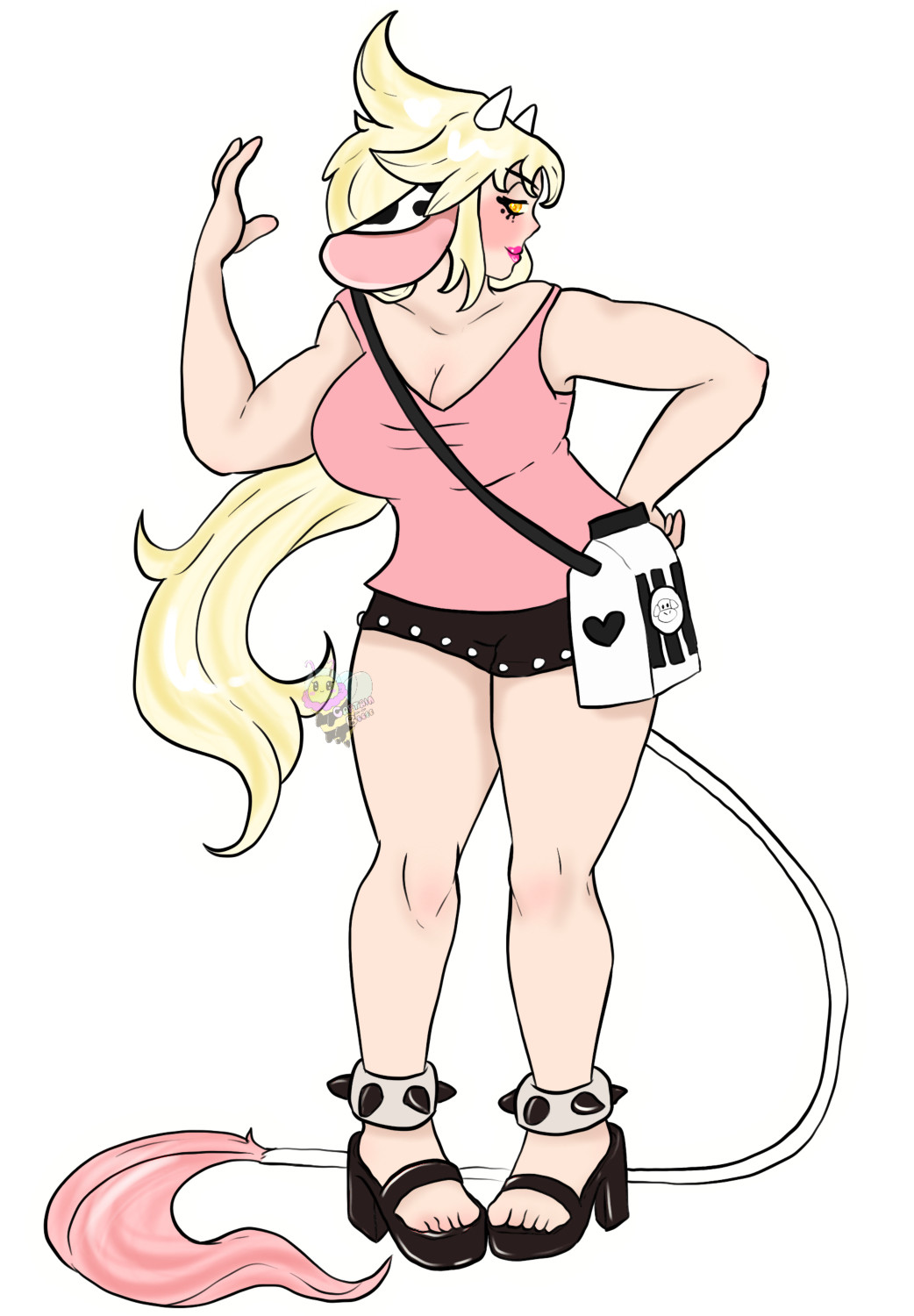 A thick cowgirl with a long, blonde ponytail and sassy expression and pose. She wears a pink tank top, short black shorts, and heeled sandals. She has spiked anklets and a milk carton purse.

She has small cow horns, big black and white, floppy cow ears, and a long, pink tufted cow tail. 