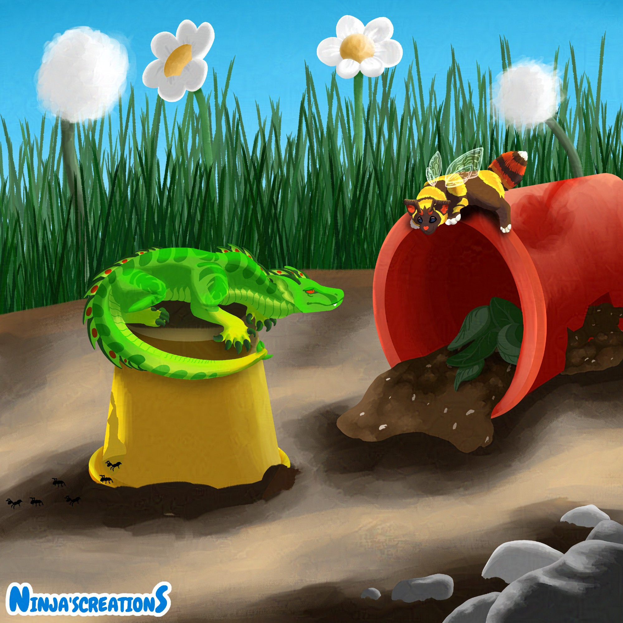 Art Fight attack featuring a ground view of 2 broken planter pots with Kitten Bee on the red one filled with soil and leaves and Leaflet on the yellow one with ants crawling out. There are white flowers and dandelion puff amidst the grass and rocks in the corner.