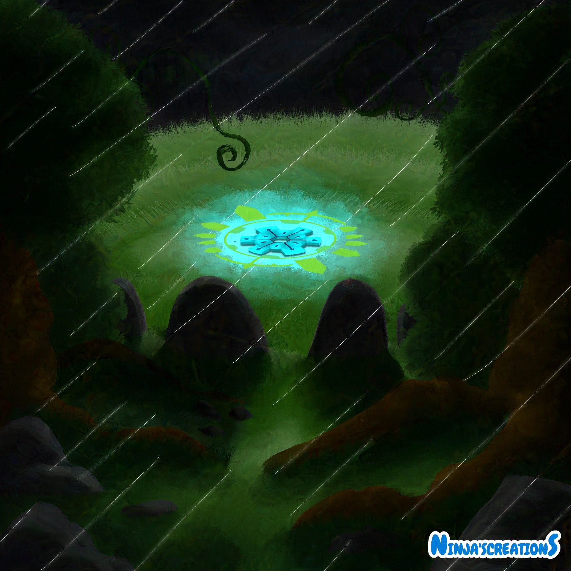 A dark and lush forest in a raging storm. A glowing green gear, known as a time gear, rests in the center of it all. Keeping time flowing and peace everlasting.