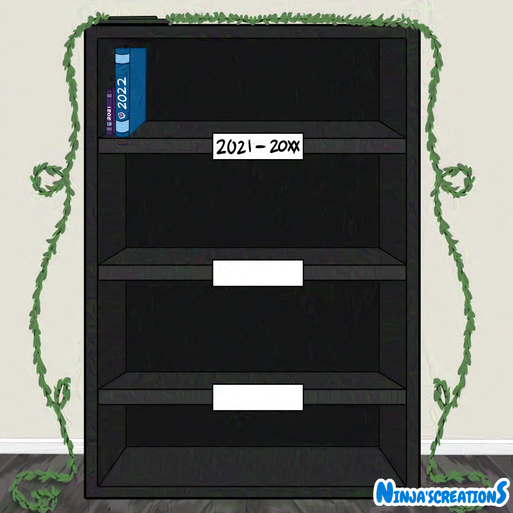 Image 1: A black bookshelf in a room with white walls and gray wood panel flooring. A purple and blue book sit on the top shelf while a Surface and leaf garland sit on the very top. Image 2: An open book with some art taped into it.