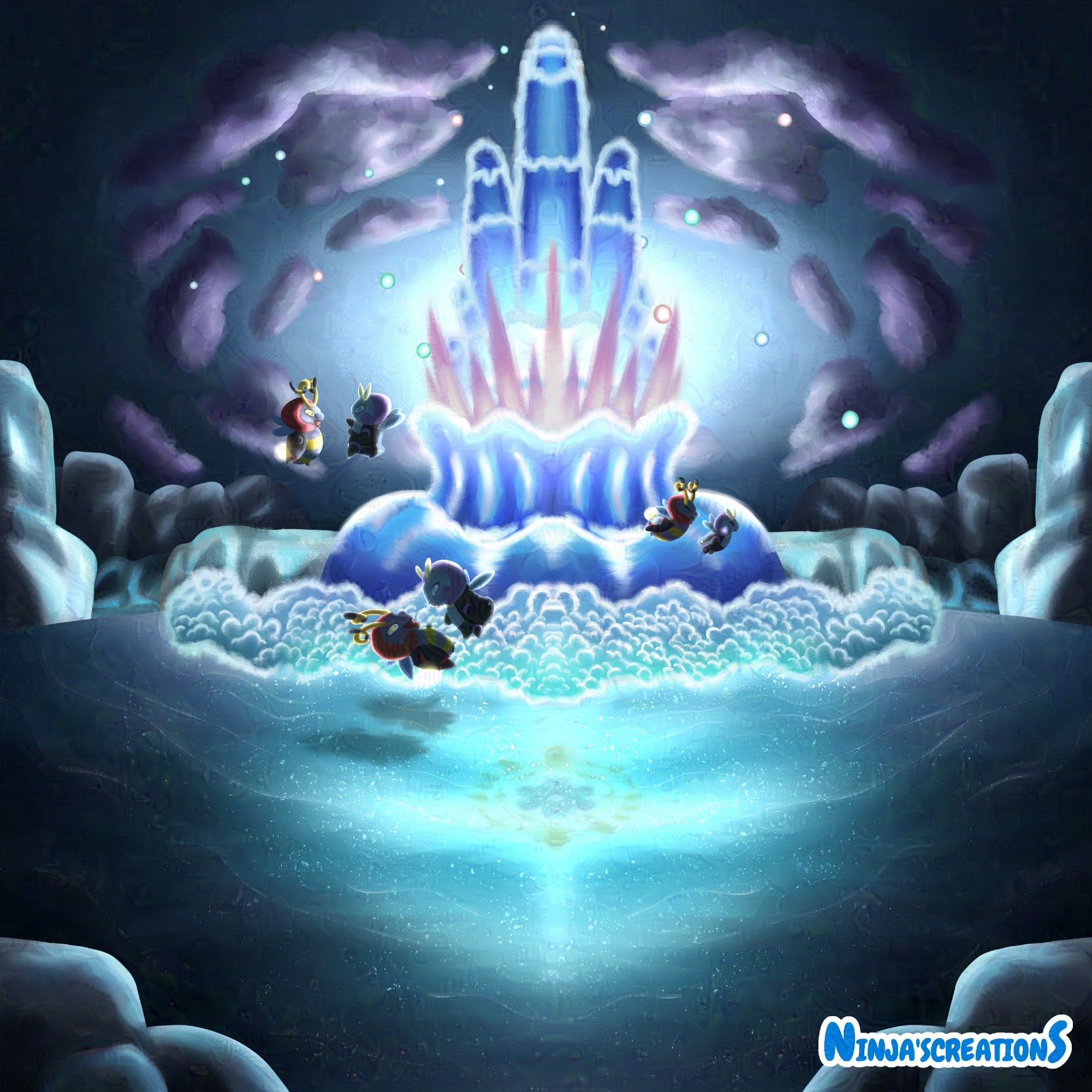 A blue geyser with purple, pink and yellow rays erupting out of a dark blue lake formed in a crater. A time gear sits beneath the geyser. Volbeat and Illumise dance around the geyser and high into the clouded sky.