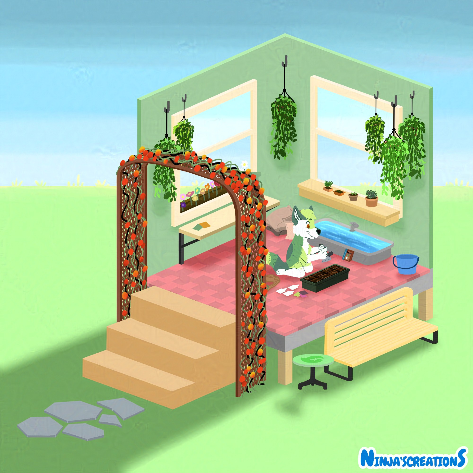 An Art Fight attack featured a green and white colored canine in an isometric plant room planting new seeds. A trellis of tomatoes, tan bench and a green circular table with a leaf design are outside.