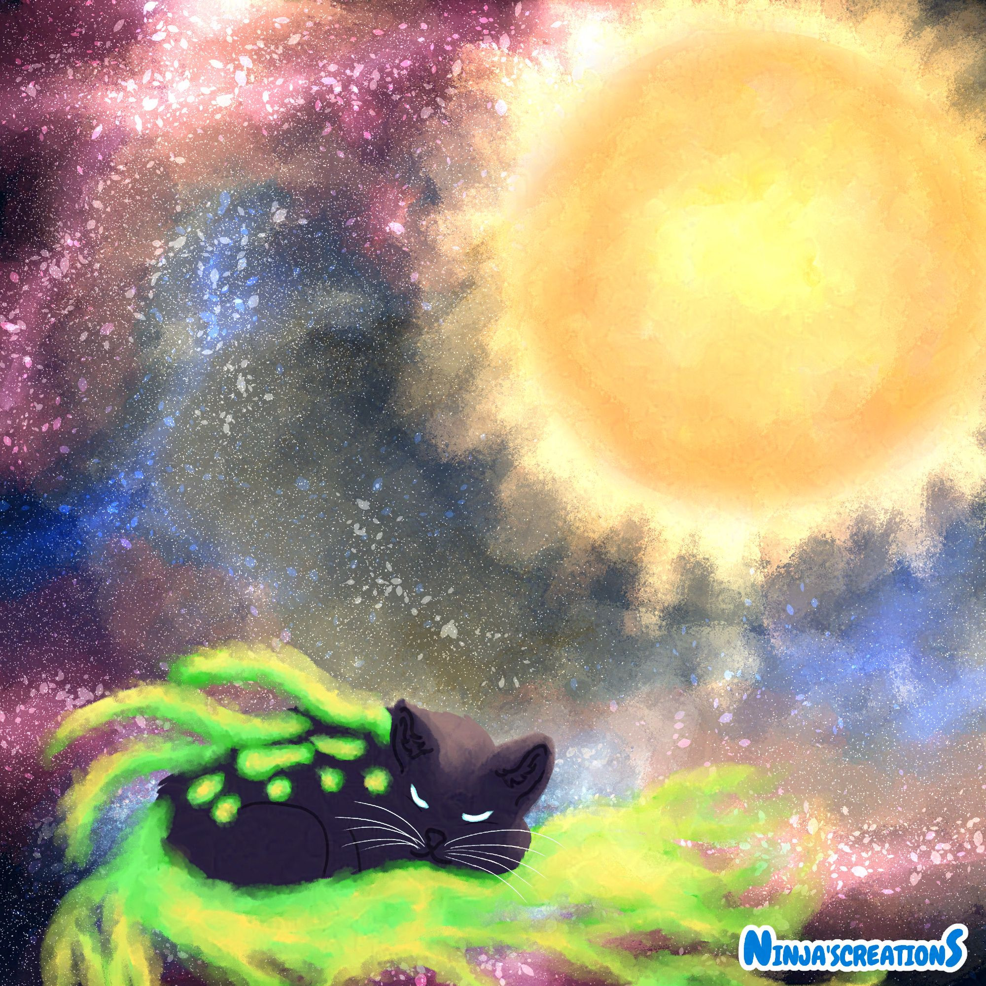 An Art Fight attack featuring a black cat with a green and yellow nebula coming from spots on it's back and entire tail. A big sun is in the background against a red, pink and blue galaxy.