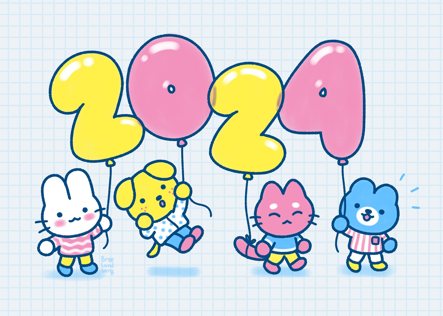 Digital illustration of four cute animal characters (bunny, dog, cat, and bear) holding big balloons in the shape of numbers for the year 2024. There's a bright limited color palette of pink, yellow, and blue.