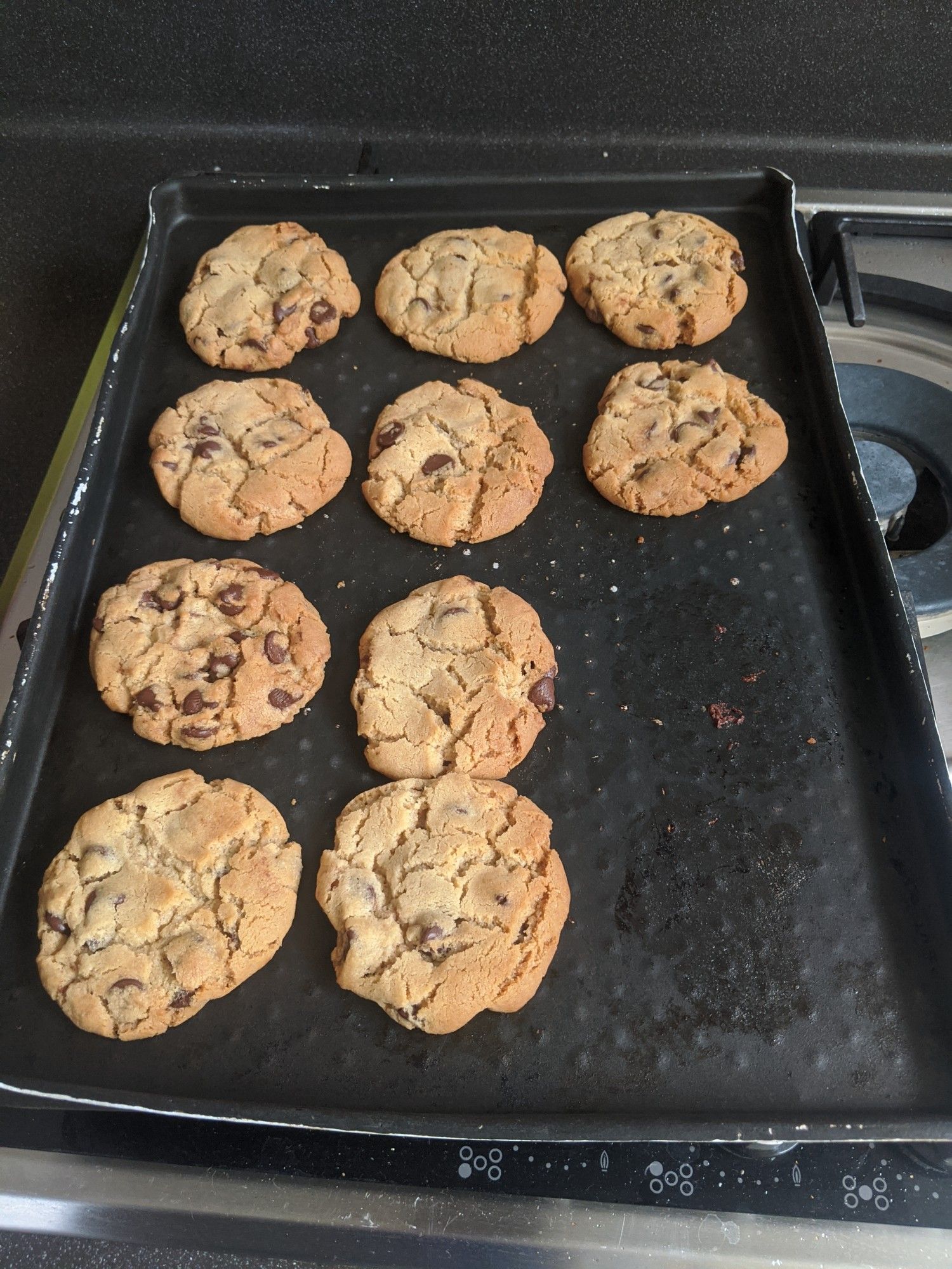 A tray of freshly baked peanut butter chocolate chip cookies. I've already eaten two.