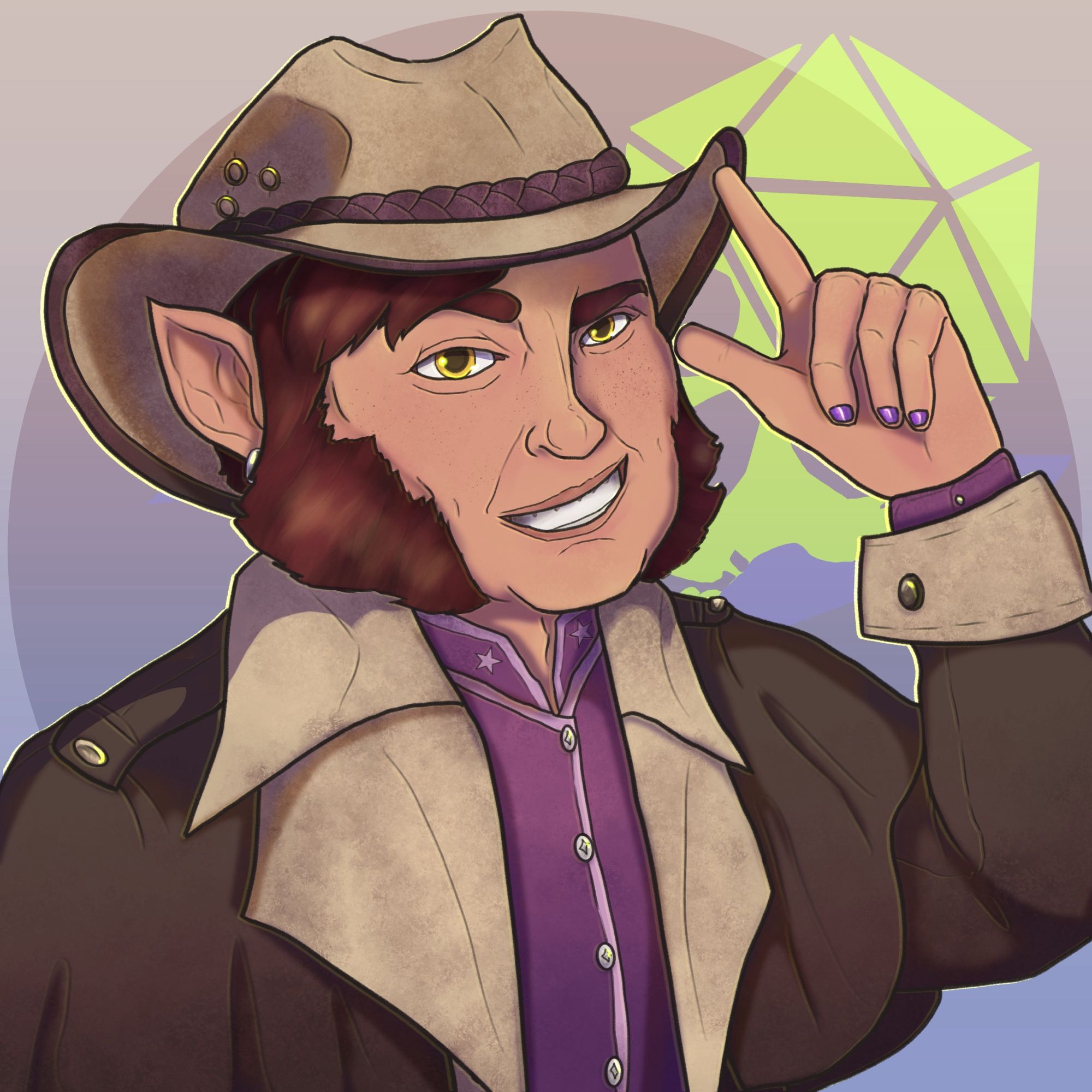 A portrait of the character Tex Arcana from the series Hideous Tomfoolery. A pale halfling man with a cowboy hat, auburn hair + mutton chops, a purple button up, a brown duster, and purple painted nails