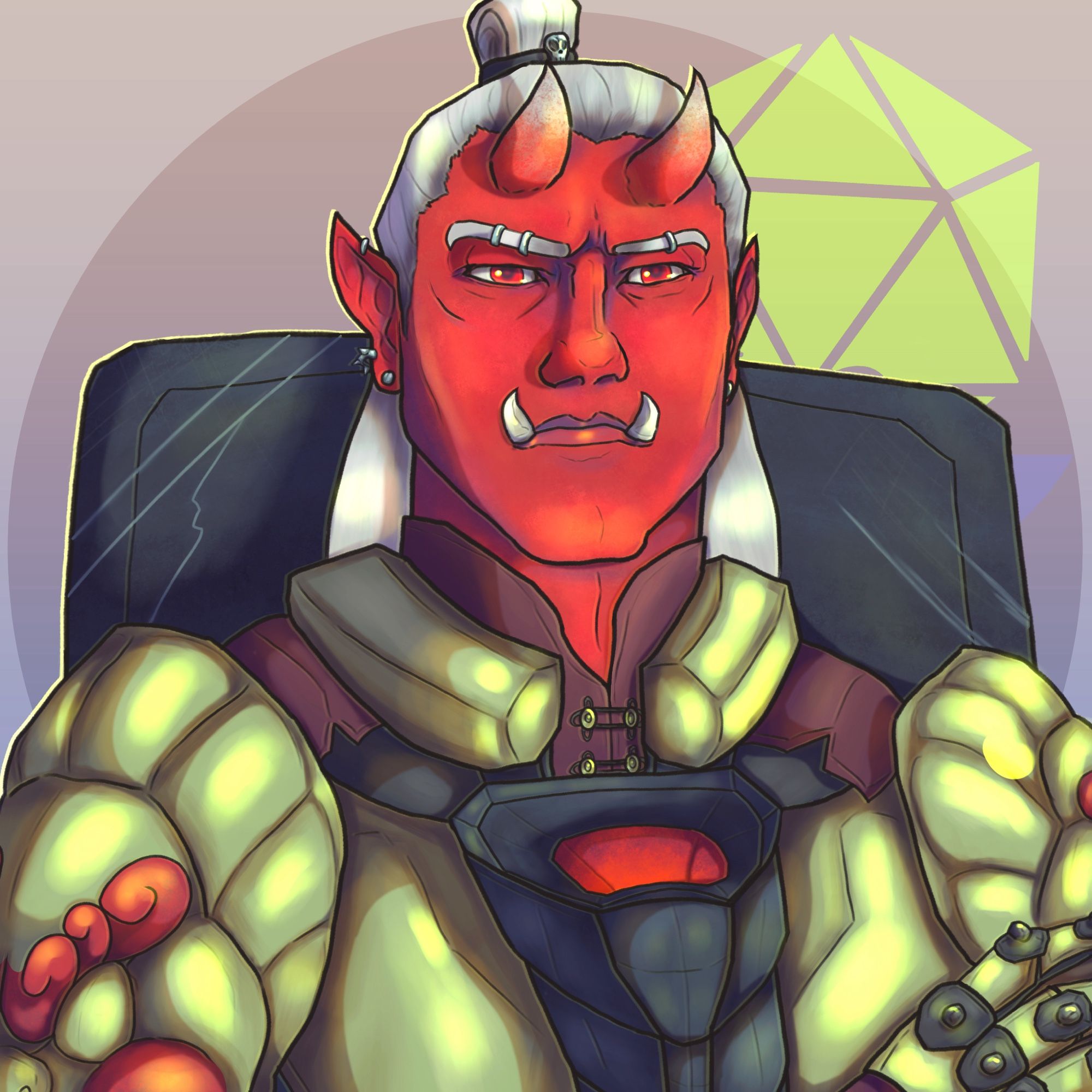 A portrait of the character Sigurd from the series Hideous Tomfoolery.  A large oni-kin man with devilish crimson skin and long white hair. He has small horns on his forehead, large white tusks, and is wearing semi-futuristic heavy armor with a plain black shield strapped to his back