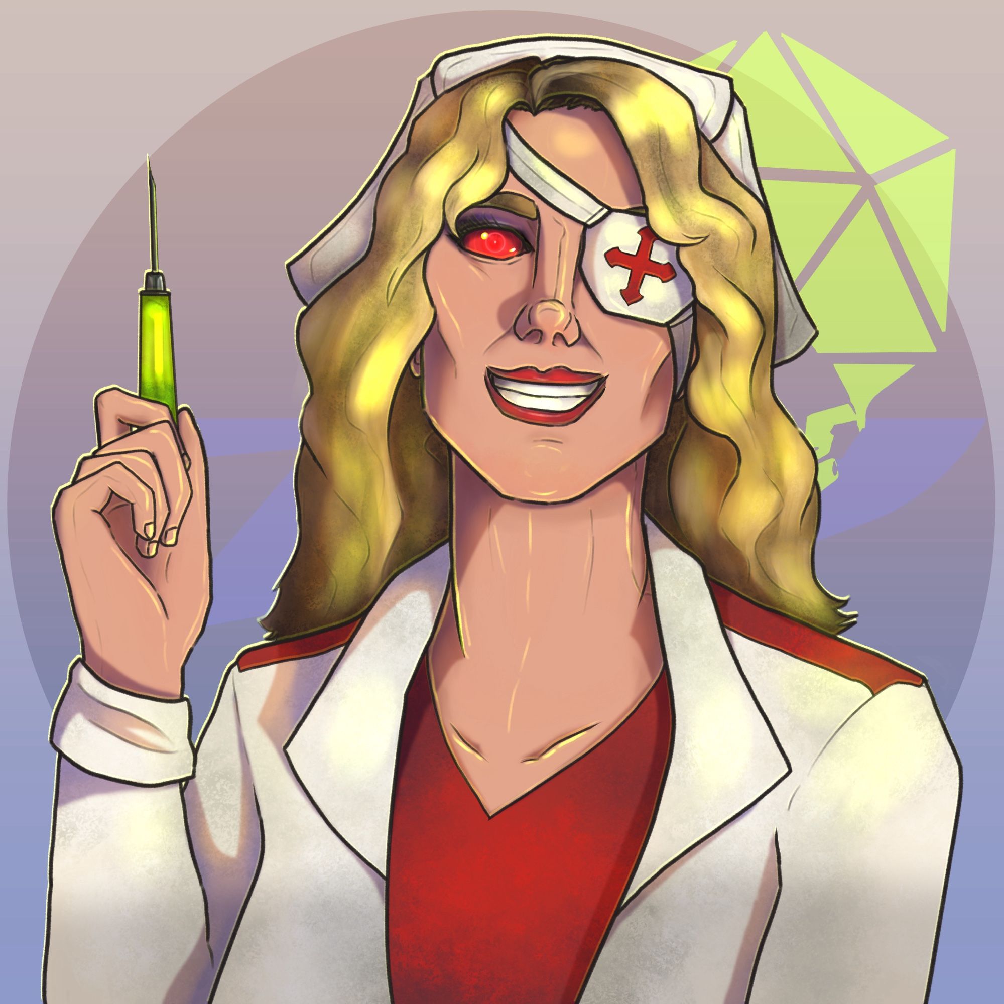 A portrait of the character Natasi from the series Hideous Tomfoolery. An Android woman styled after Daryl Hannah in Kill Bill; long blonde hair, pale (but shiny?) skin, and a nurses outfit with an eyepatch covering her left eye. Her right eye is a solid, menacing red. In her right hand she holds a syringe with a mysterious neon green liquid inside