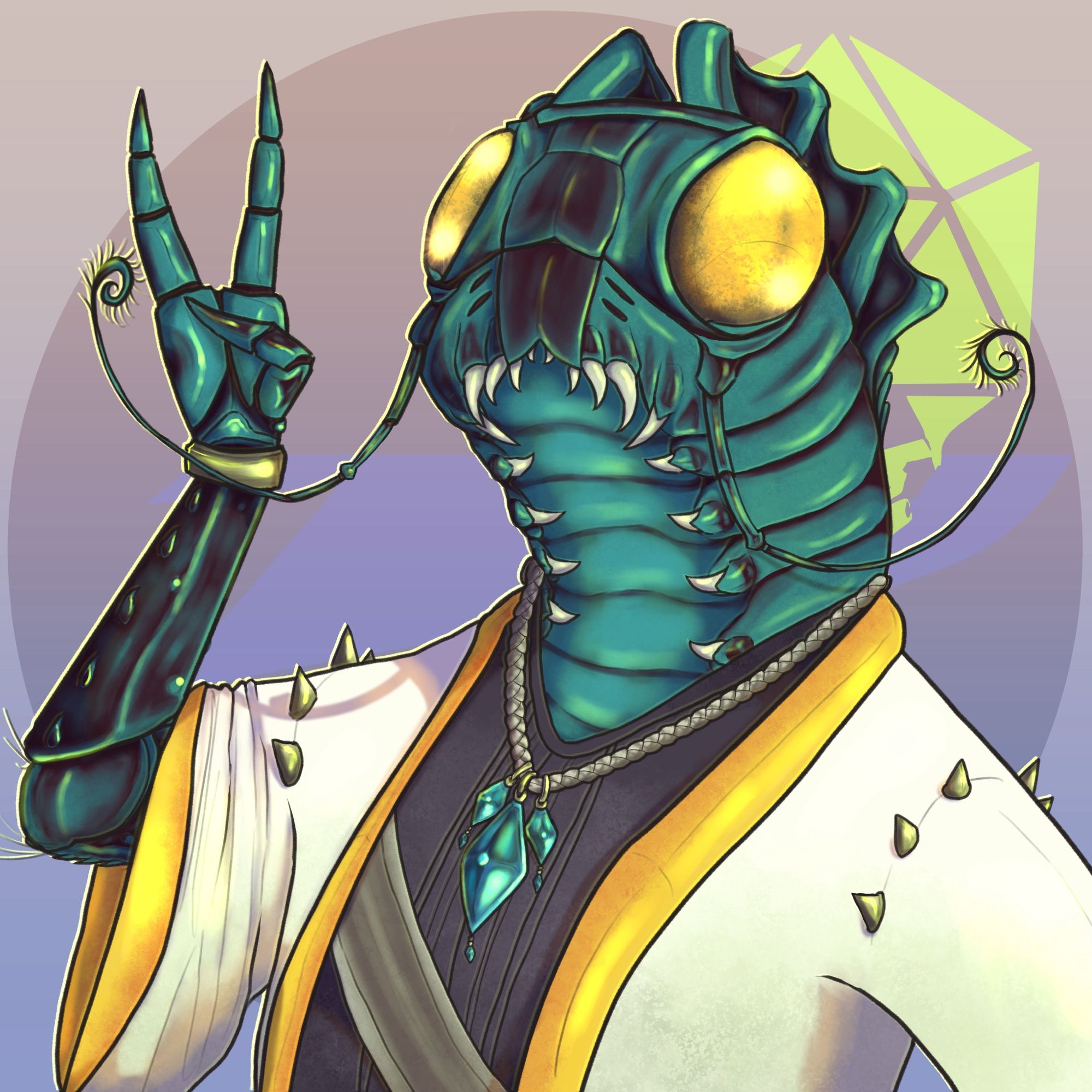 A portrait of the character Ha’Fiz from the series Hideous Tomfoolery. A teal and black shirren woman with huge golden eyes, two long curly antennae, and a row of small pincers down her neck. She is wearing a white and gold robe with shoulder spikes, a black ribbed under shirt, and a teal jeweled necklace