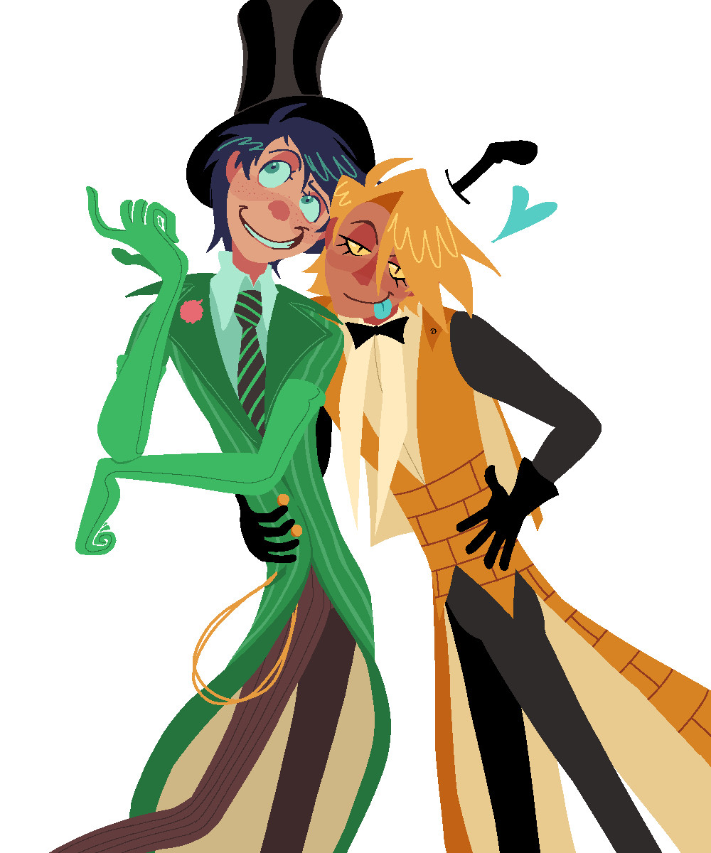 lineless art of the once-ler and bill cipher. bill is pulling the onceler closer by his side.