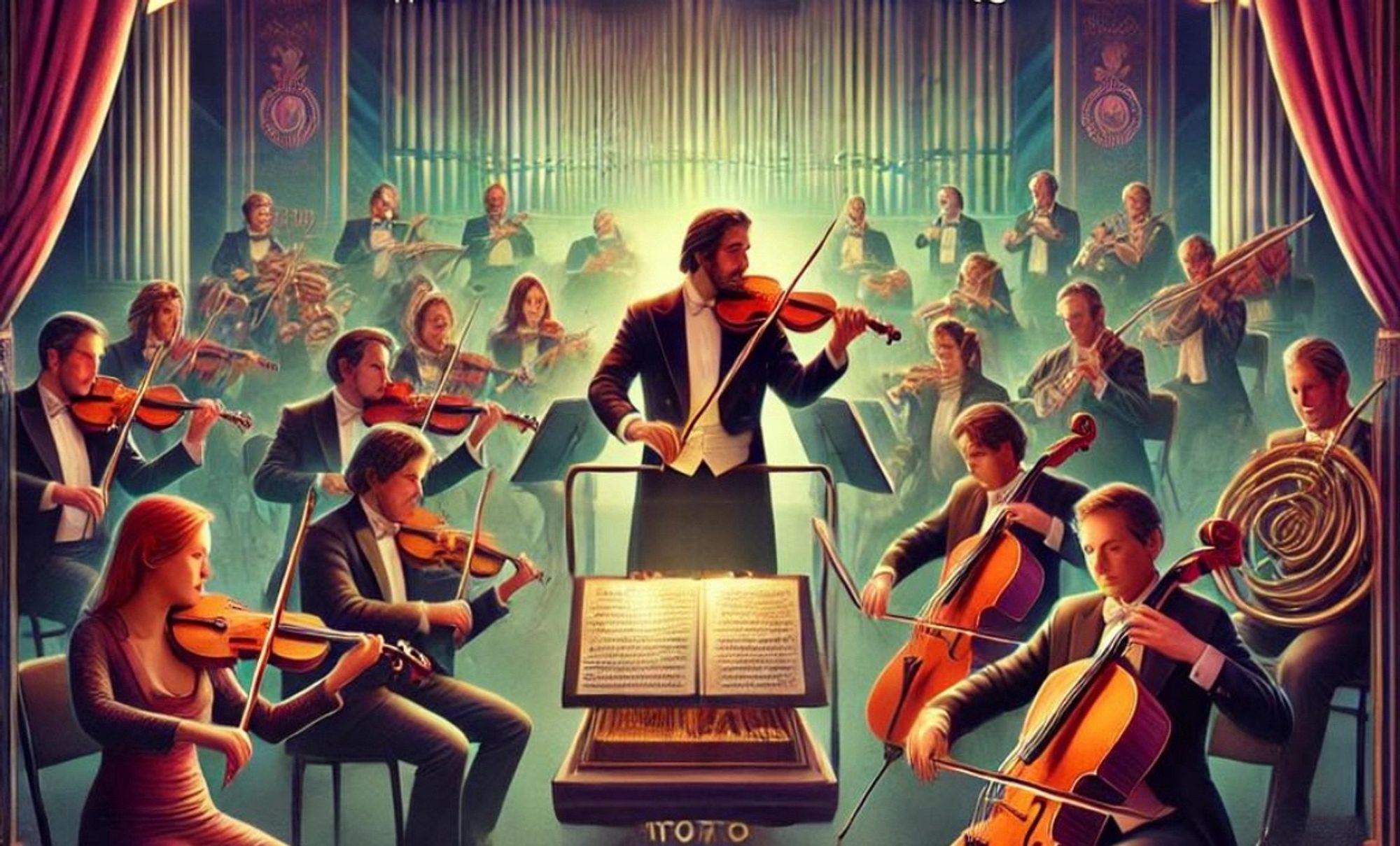 Ai generated image of an orchestra. There is a man with no legs on the podium playing a violin. The string players have ridiculously long bows and there’s a guy playing a horn that has like ten spirals