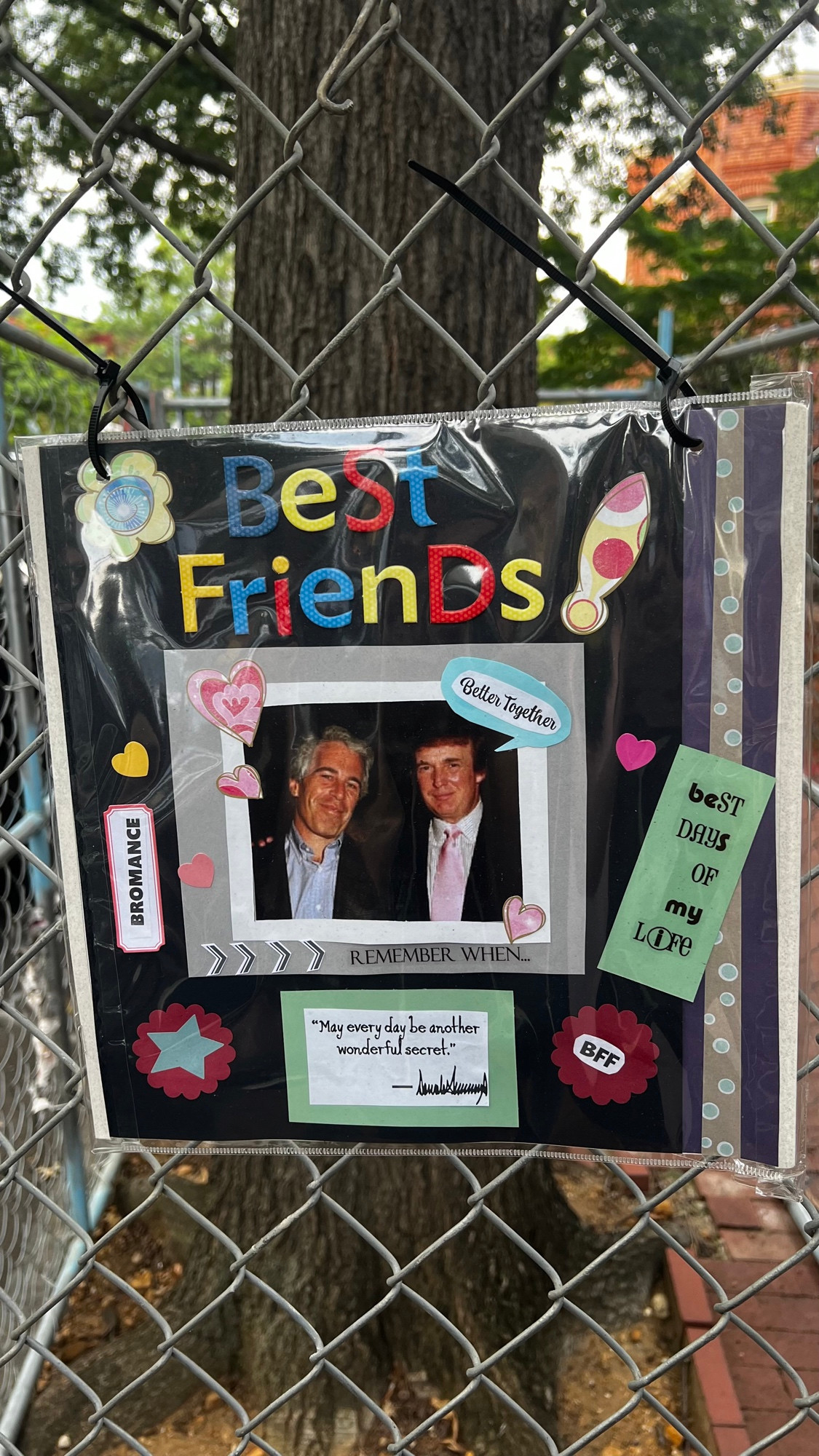 Cutely decorated “best friends” scrapbook page in a protective sleeve—but the pic is Trump and Epstein 
