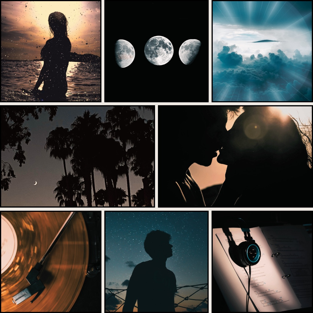 Mood board for my WIP. From top: silhouette of a woman in the ocean, the phases of the Moon, a misty and mystical arial view of an island, nigth sky with the Moon and palm trees, a silhouetted couple kissing, a vinyl on a record player, silhouette of a man looking to the night sky, a pair of headphones resting over a music sheet