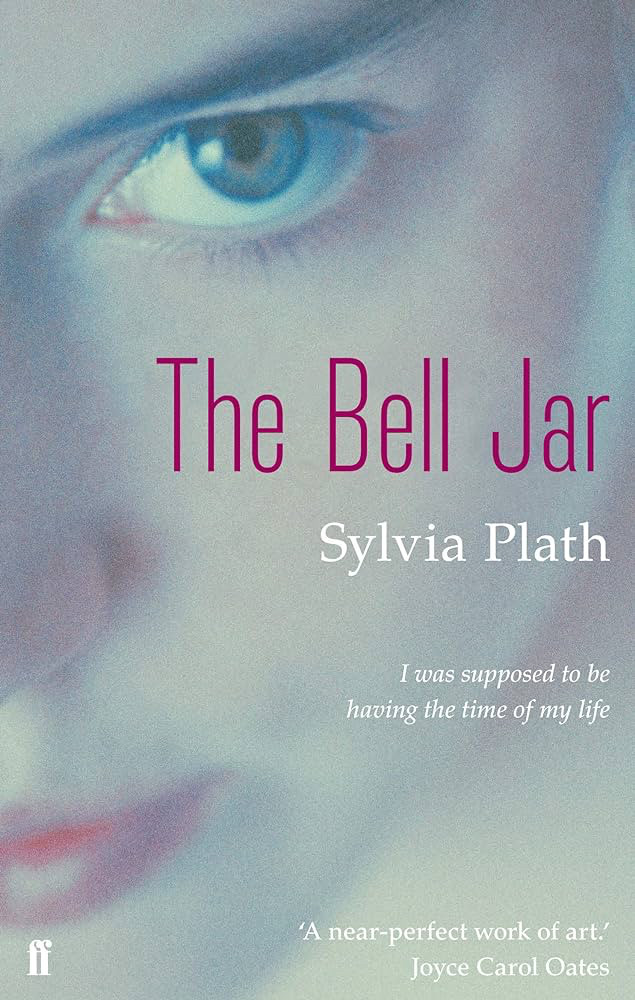 Cover of The Bell Jar by Sylvia Plath, a close up a young woman's face.