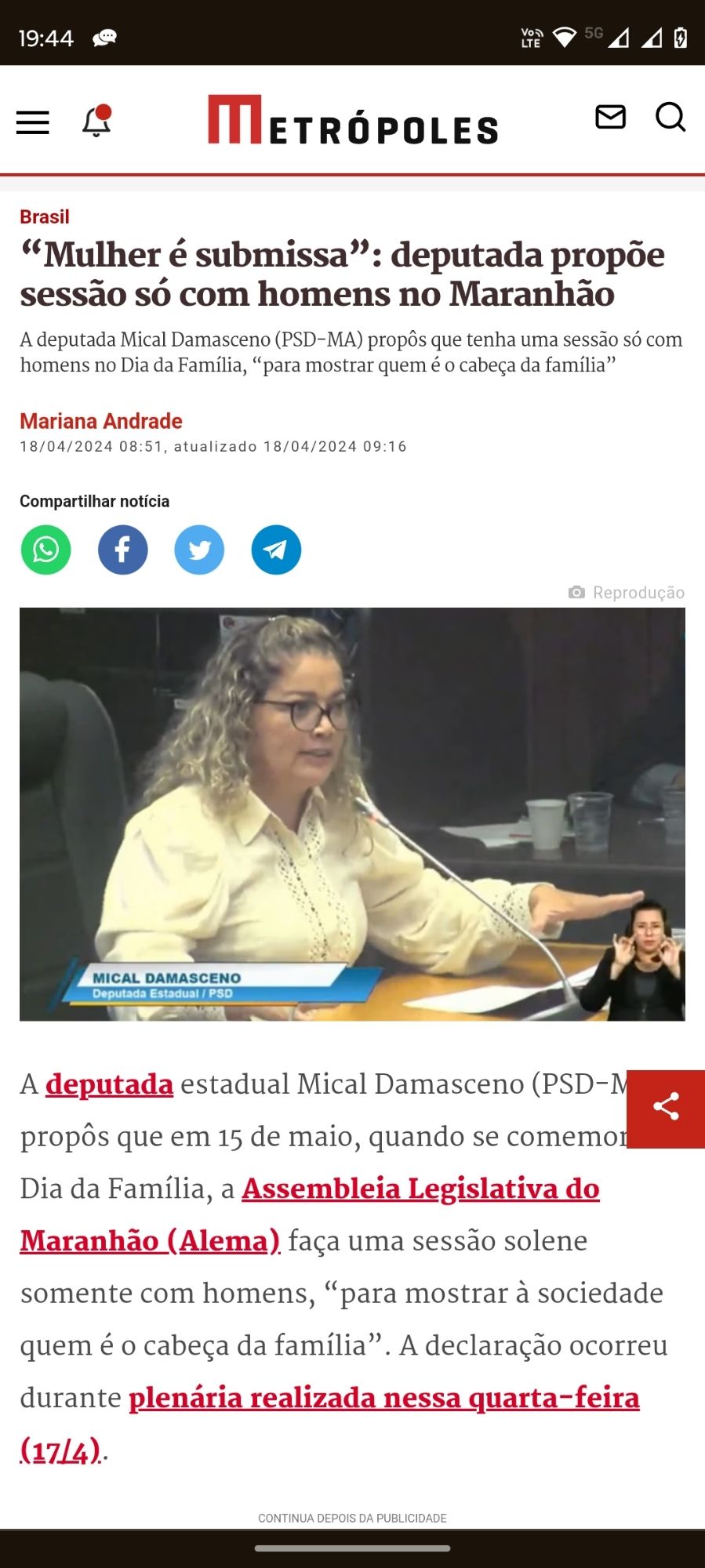 Notícia de deputada, chamada Mical Damasceno, propondo sessão solene apenas com homens no dia da família, "pra mostrar quem é o cabeça da família"