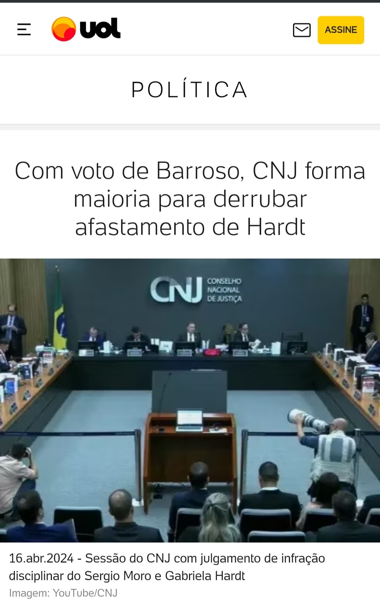 Imagem com notícia de que ministros do CNJ derrubaram o afastamento de Gabriela Hardt