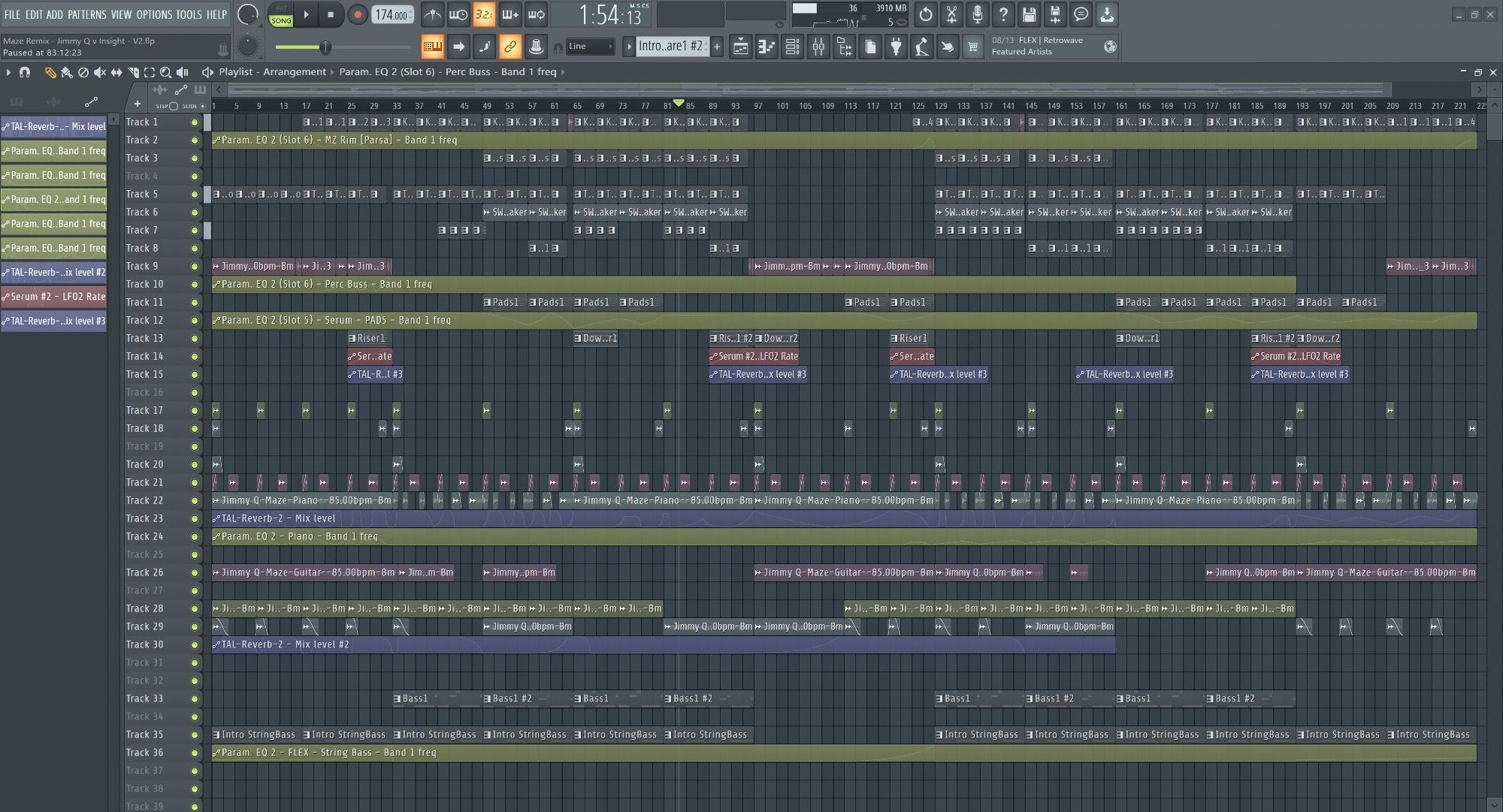 a screenshot of a digital audio workstation, FL Studio, with a bunch of audio, midi, and automation clips laid out to form a song.