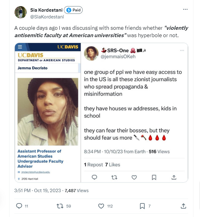 Tweet from @SiaKordestani with a screenshot of a Tweet from UC-Davis professor Jemma Decristo threatening to murder "zionist journalists" *and their children*